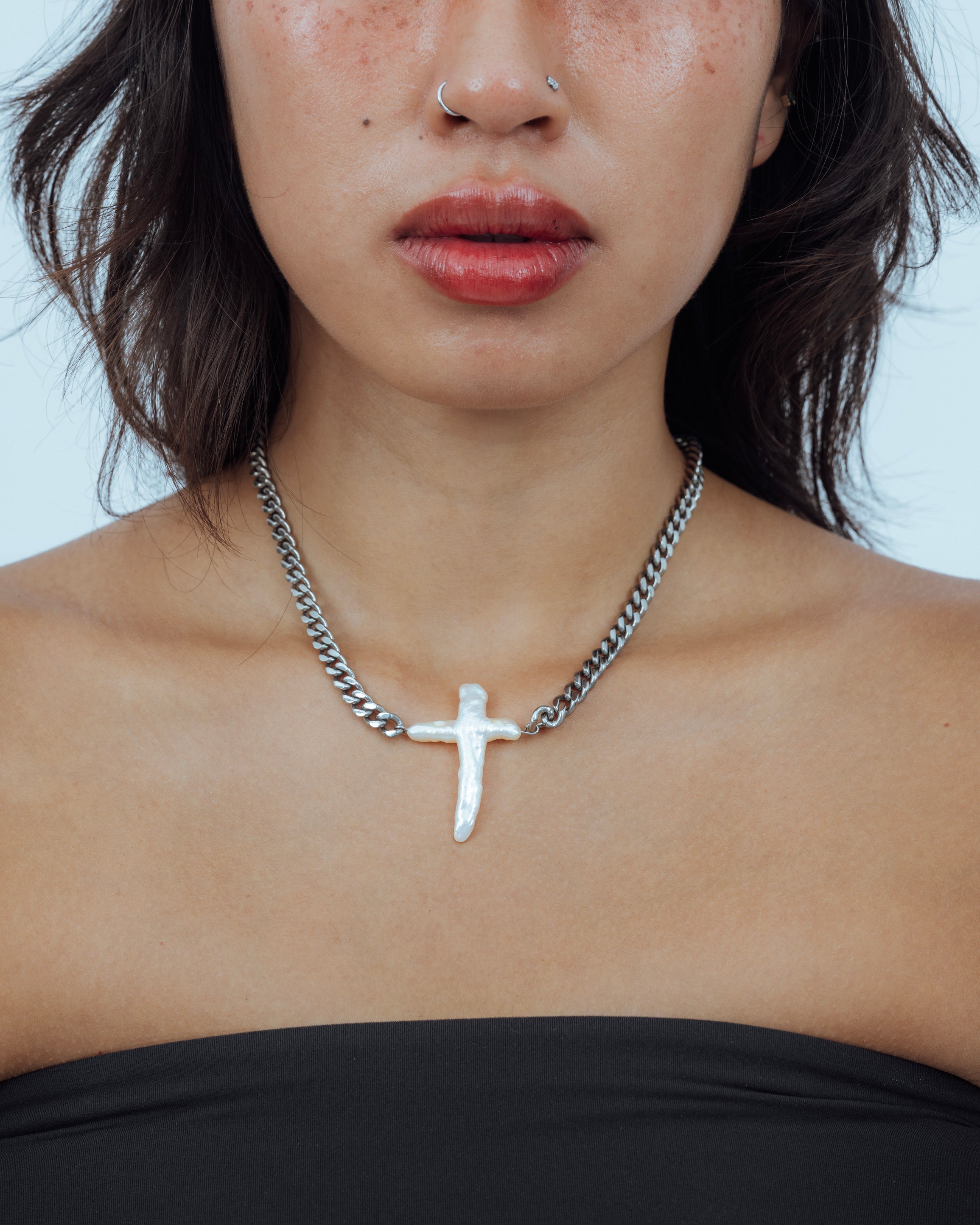 Chunky Pearl Cross Cuban Necklace