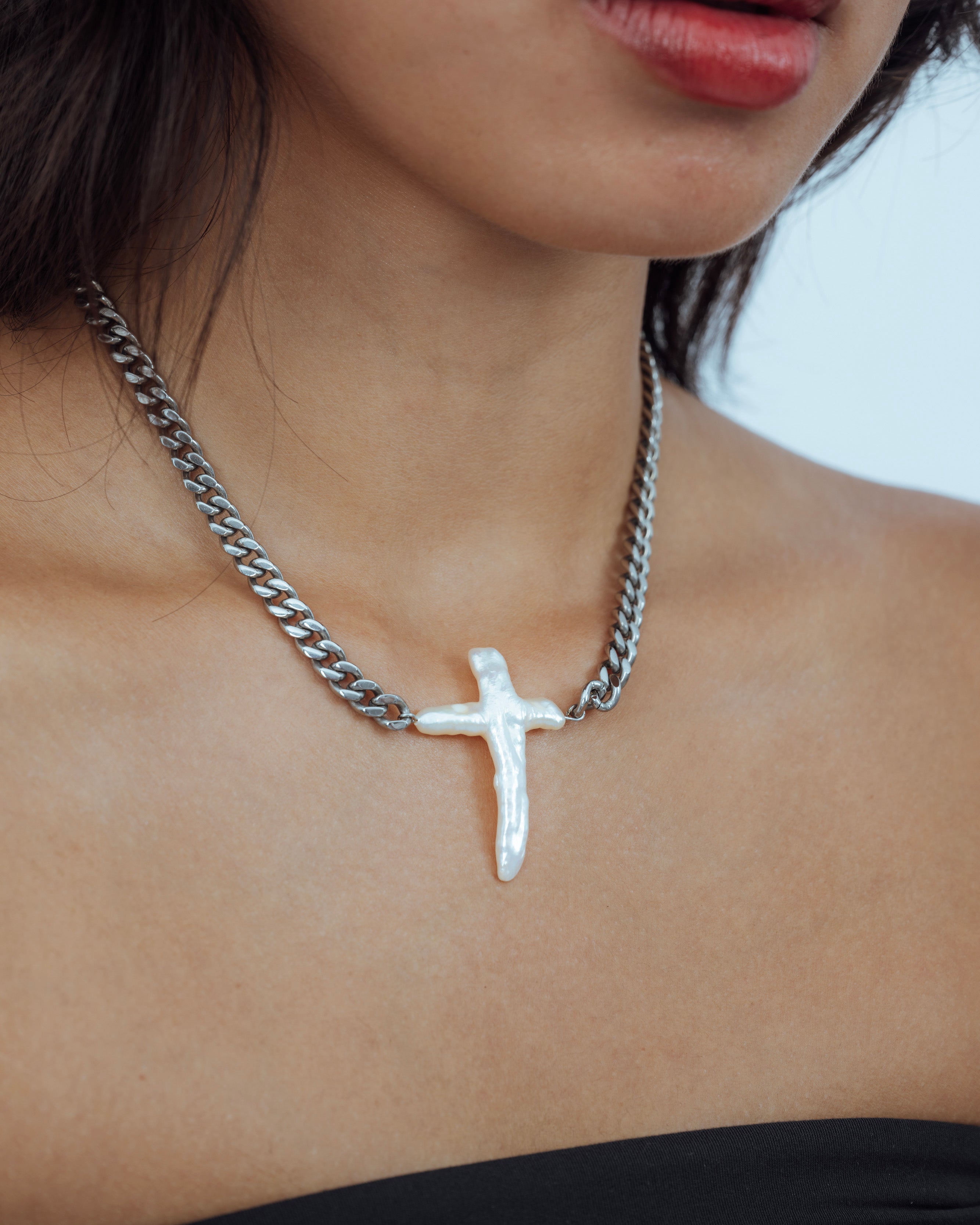 Chunky Pearl Cross Cuban Necklace