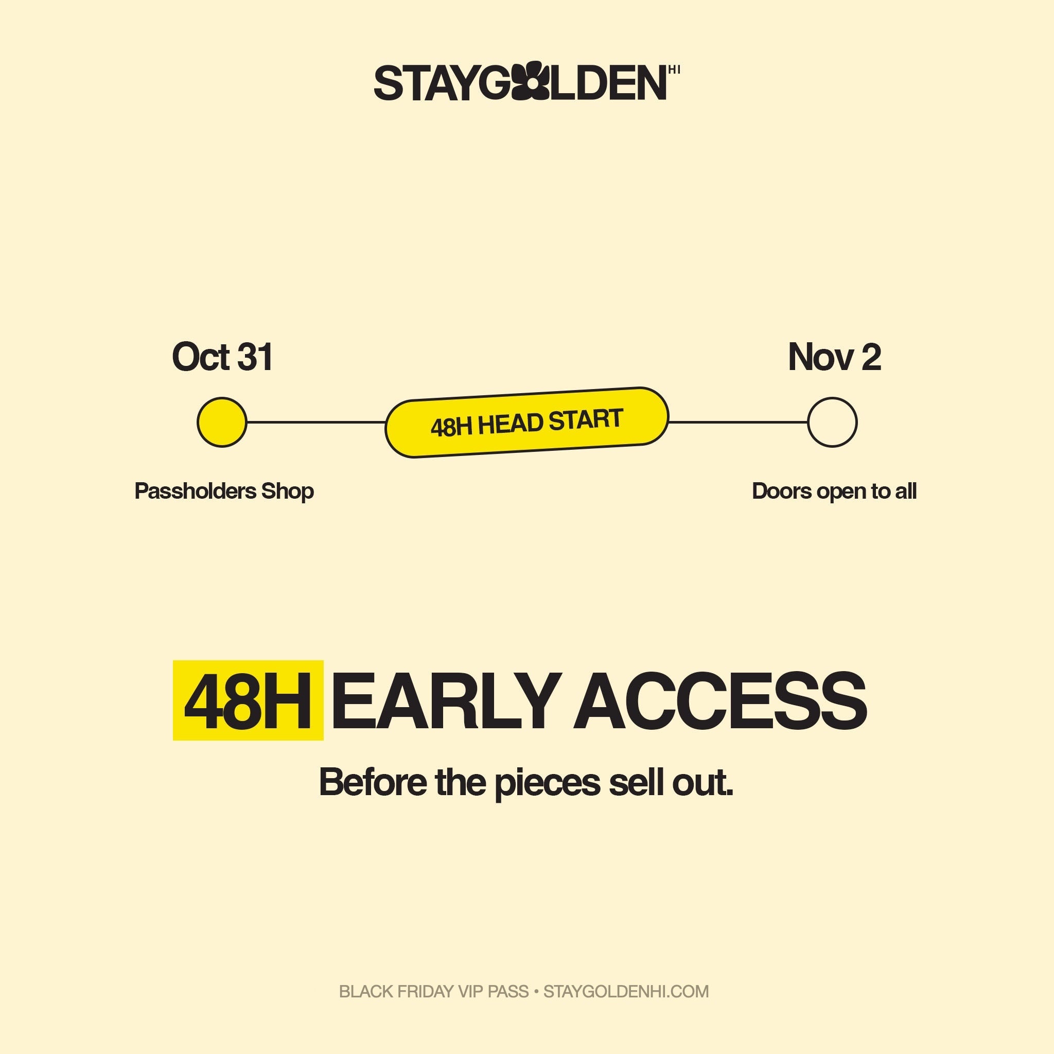 Black Friday VIP Pass perk: 48-hour Early Access, pass holders shop Oct 31, doors open to all Nov 2