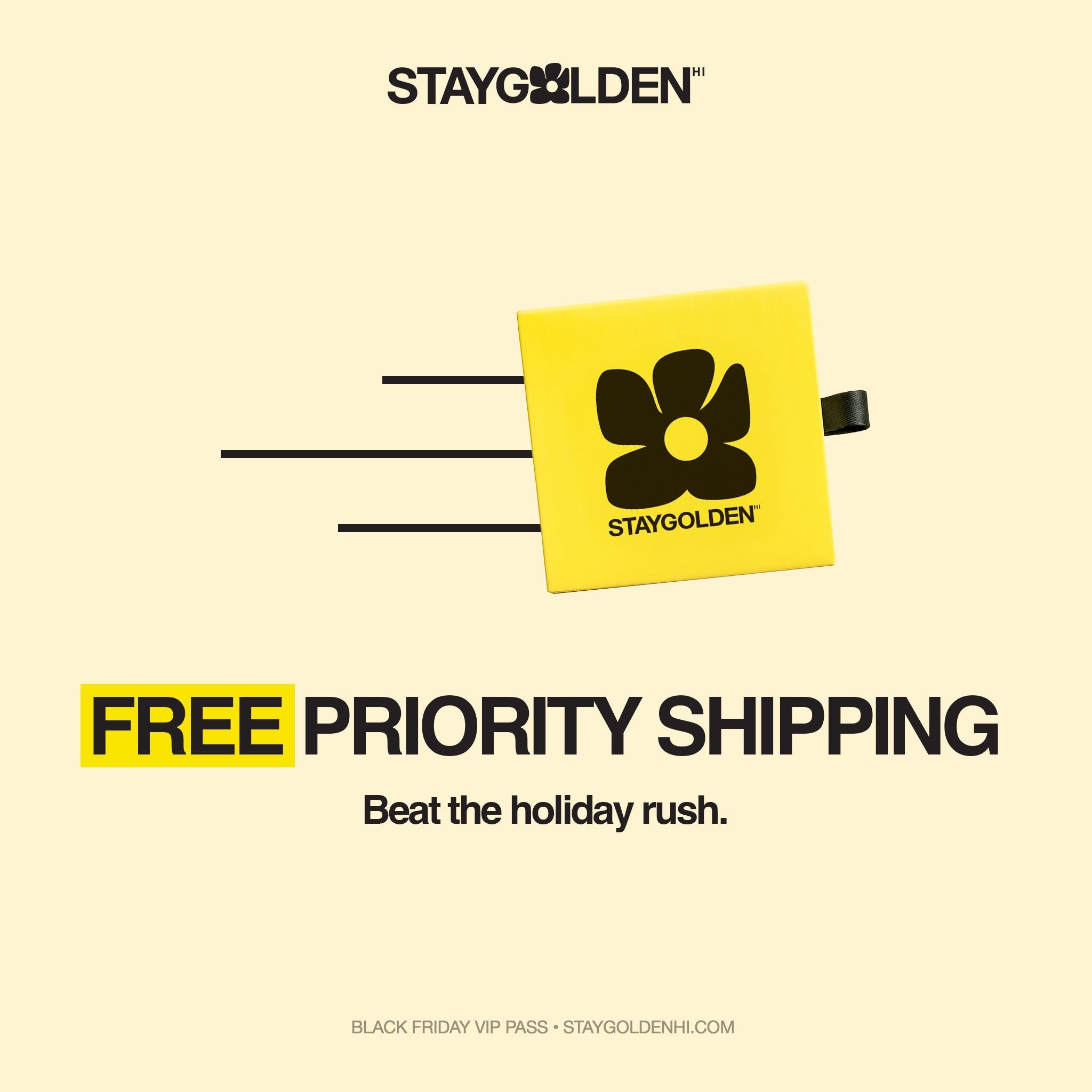 Black Friday VIP Pass perk: free Priority shipping in a Stay Golden HI gift box