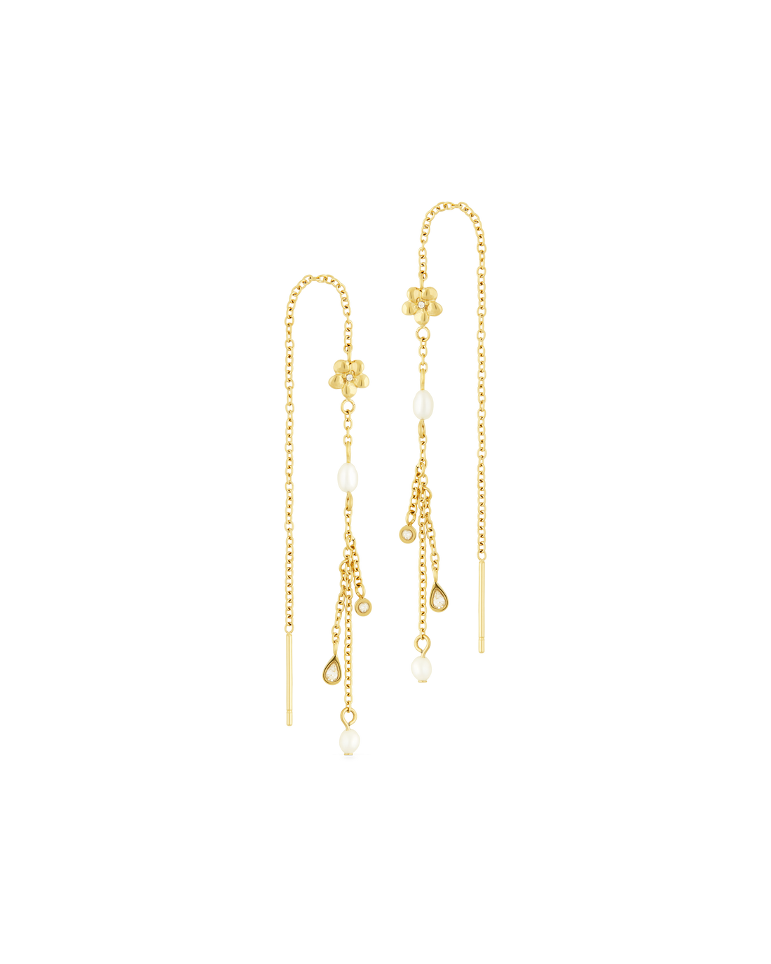 Flower Shower Threader Earrings in 14k gold - a plumeria flower on a pull-through chain