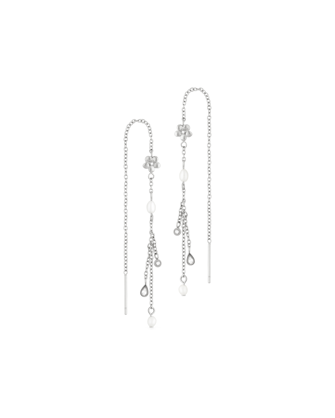 Flower Shower Threader Earrings in silver - a plumeria flower on a pull-through chain