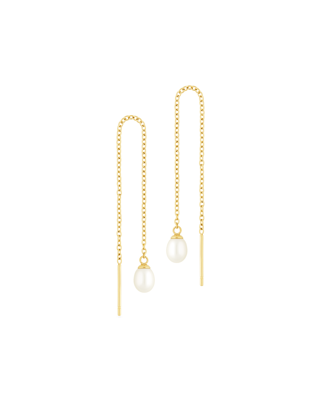 Organic Pearl Threader Earrings in 14k gold - a single freshwater pearl on a pull-through chain