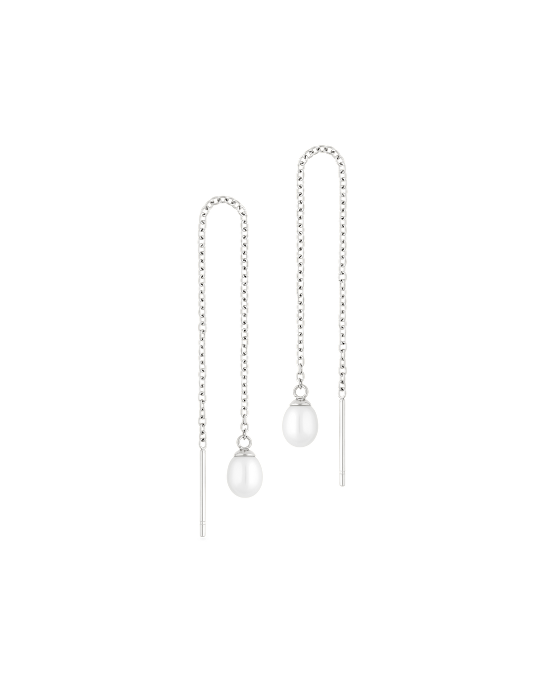 Organic Pearl Threader Earrings in silver - a single freshwater pearl on a pull-through chain