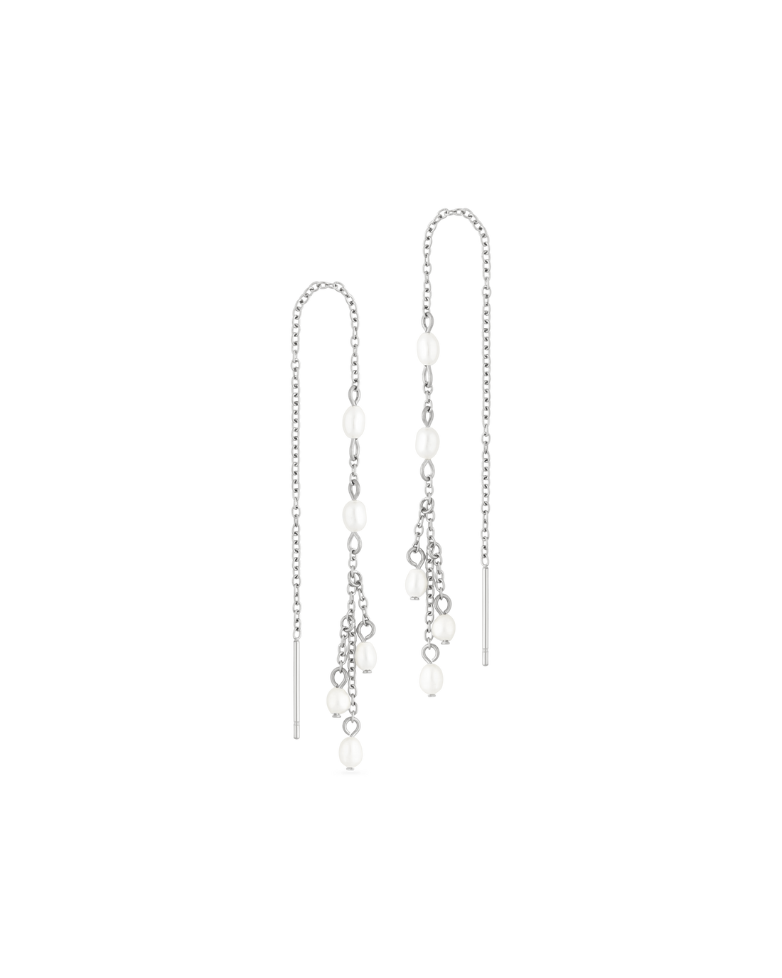 Pearl Shower Threader Earrings in silver - a cascade of freshwater pearls on a pull-through chain