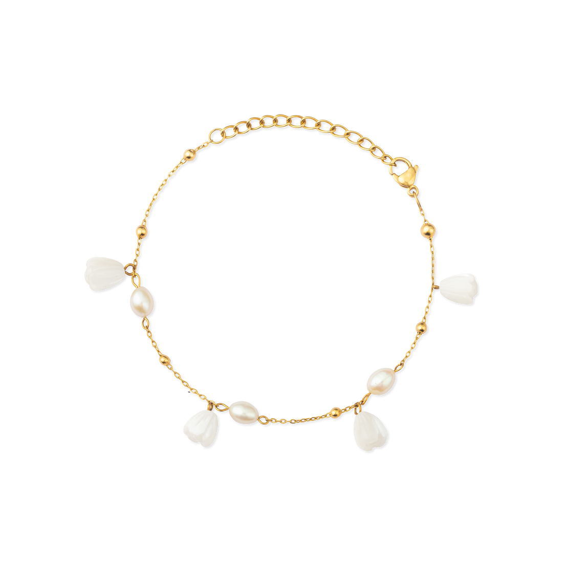 Pikake Bloom freshwater pearl bracelet with alternating pearls and mother of pearl buds on a delicate chain