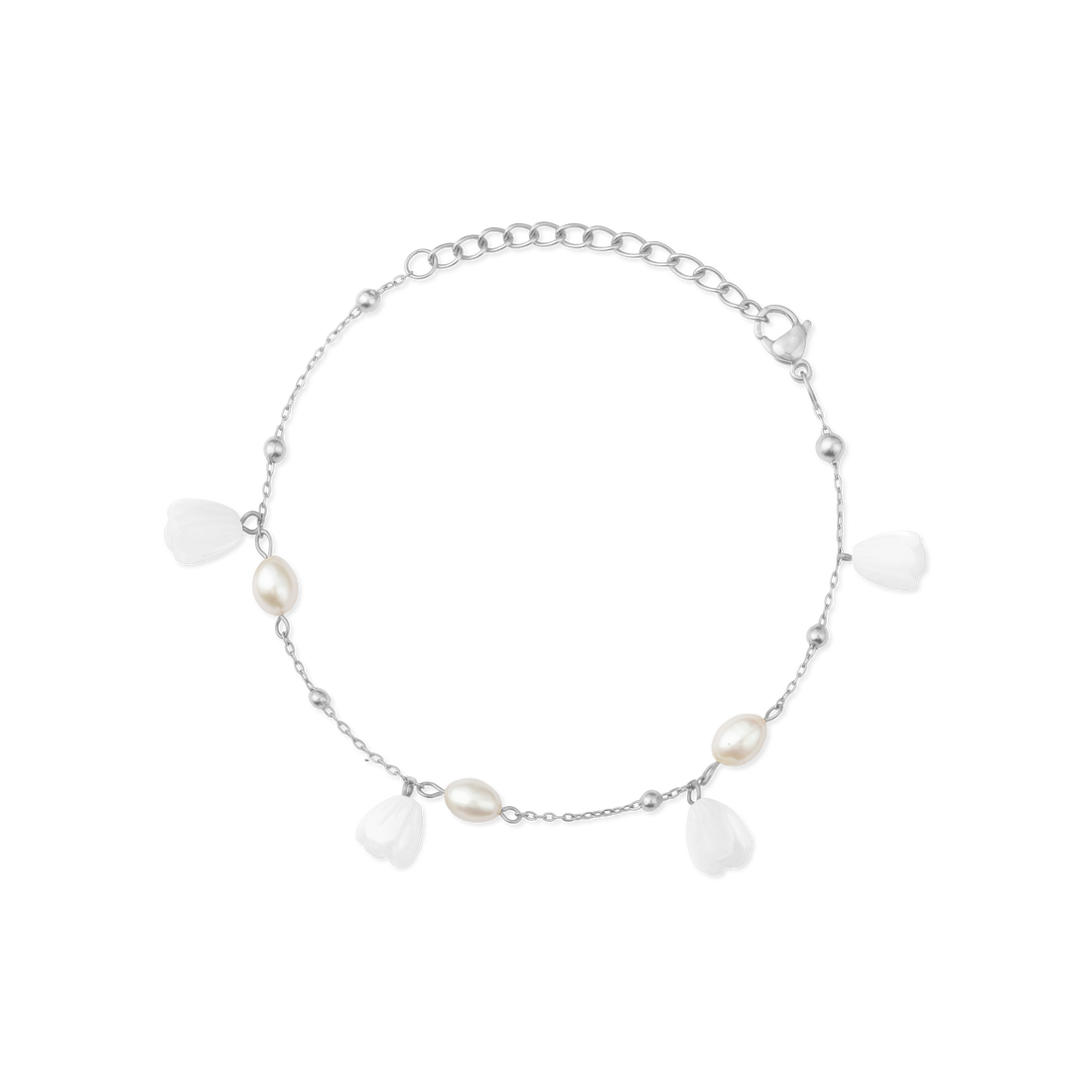 Pikake Bloom freshwater pearl bracelet with alternating pearls and mother of pearl buds on a delicate chain