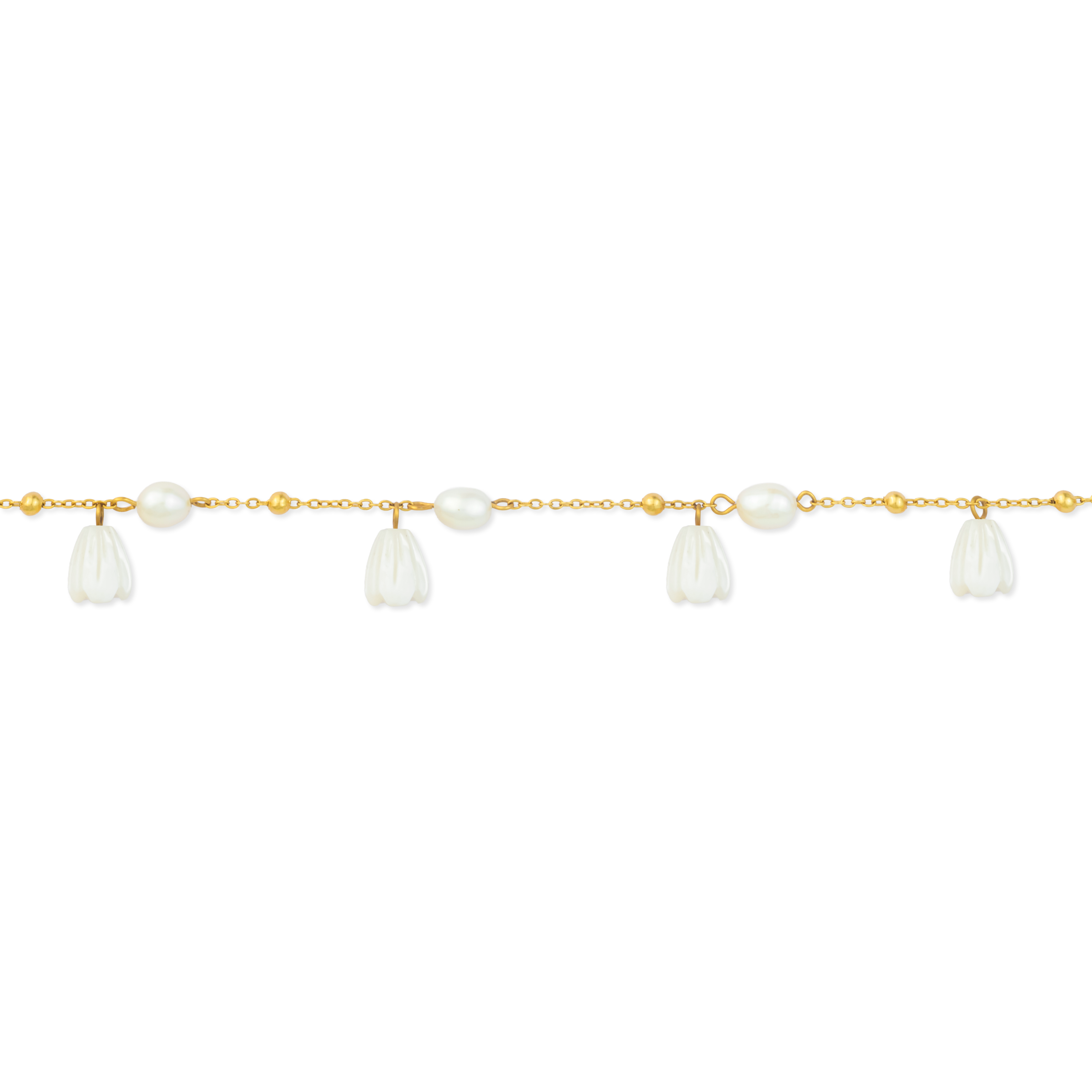 Pikake Bloom freshwater pearl bracelet with alternating pearls and mother of pearl buds on a delicate chain