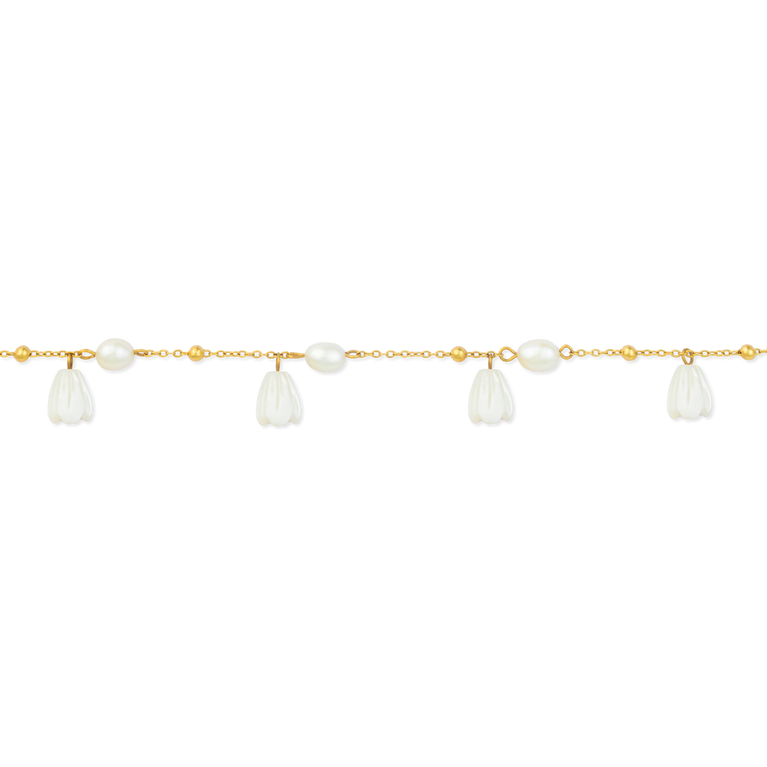Pikake Bloom freshwater pearl bracelet with alternating pearls and mother of pearl buds on a delicate chain