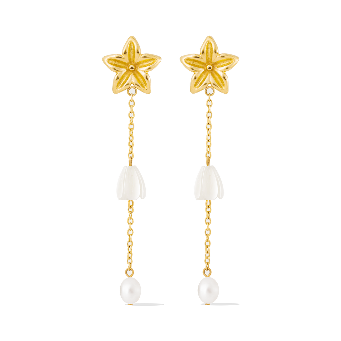 Pikake Bloom freshwater pearl earrings with pikake flower stud and cascading mother of pearl chains