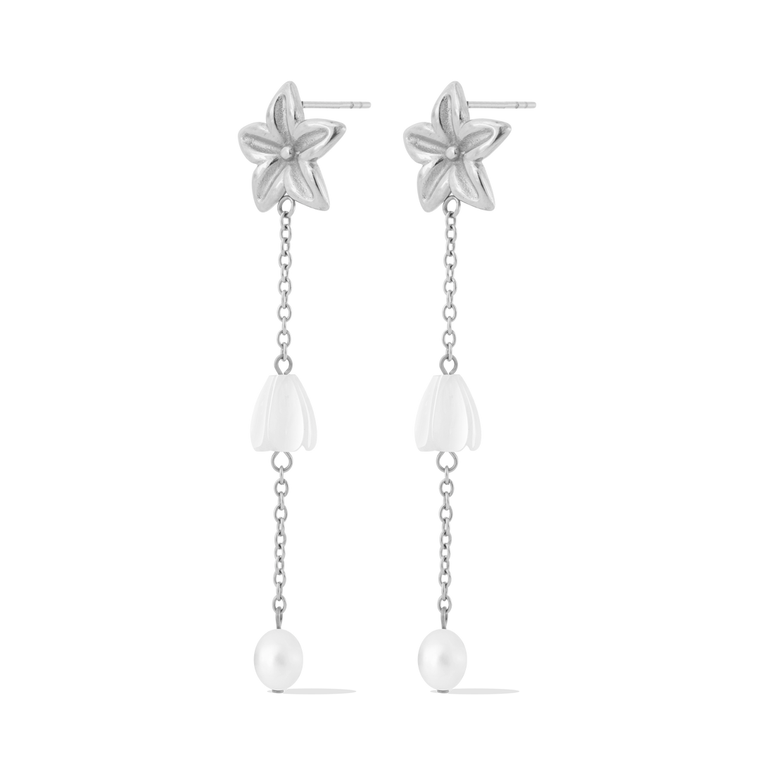 Pikake Bloom freshwater pearl earrings with pikake flower stud and cascading mother of pearl chains