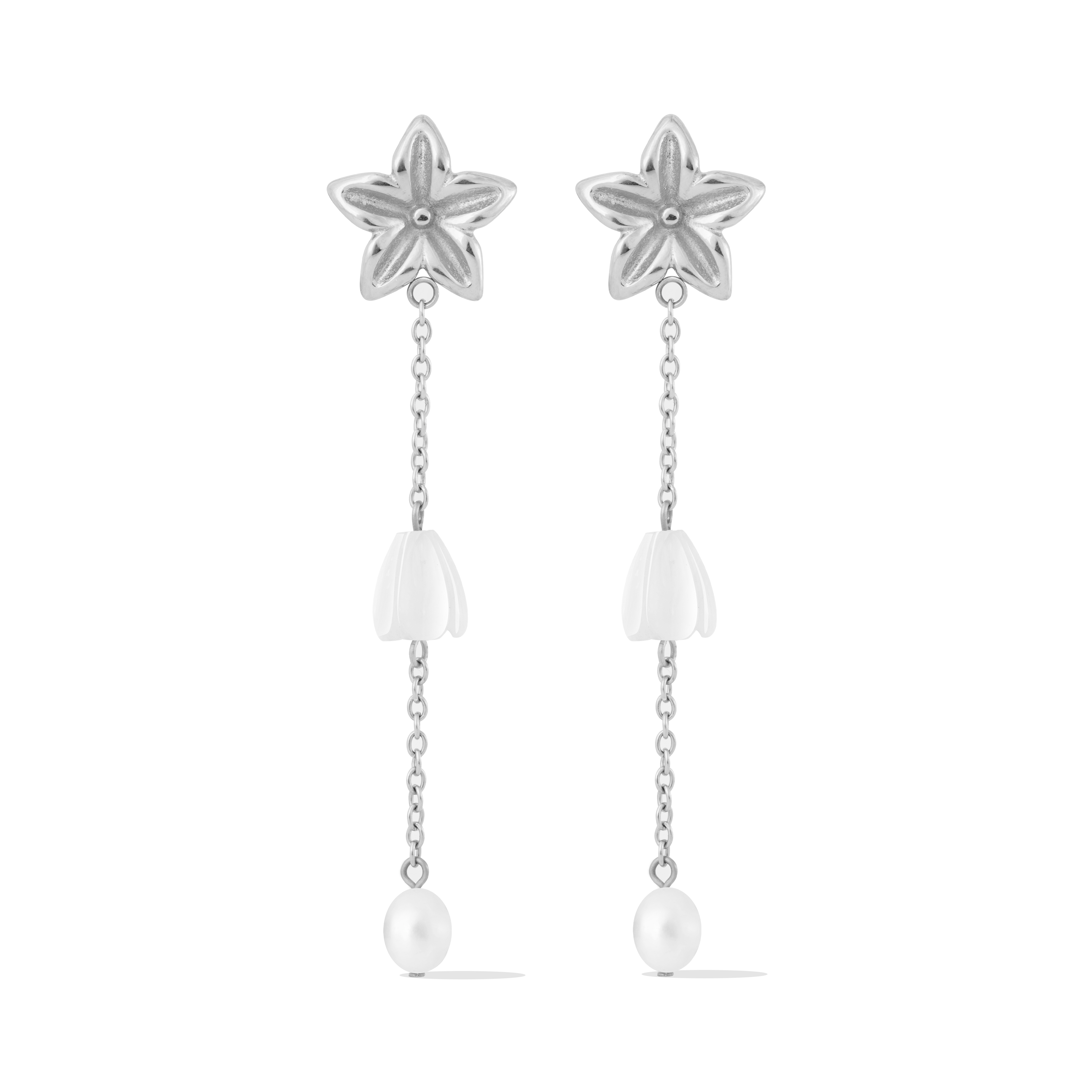 Pikake Bloom freshwater pearl earrings with pikake flower stud and cascading mother of pearl chains