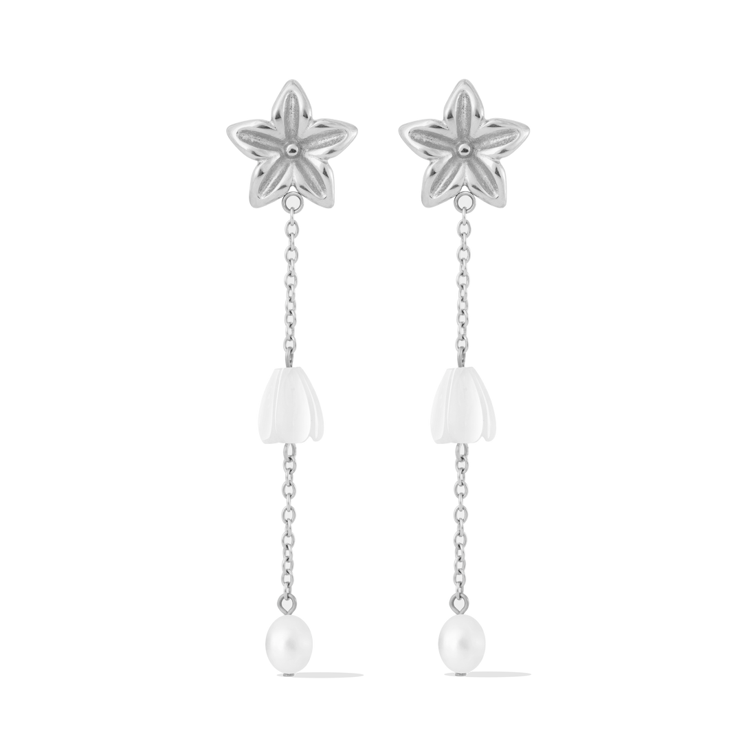 Pikake Bloom freshwater pearl earrings with pikake flower stud and cascading mother of pearl chains