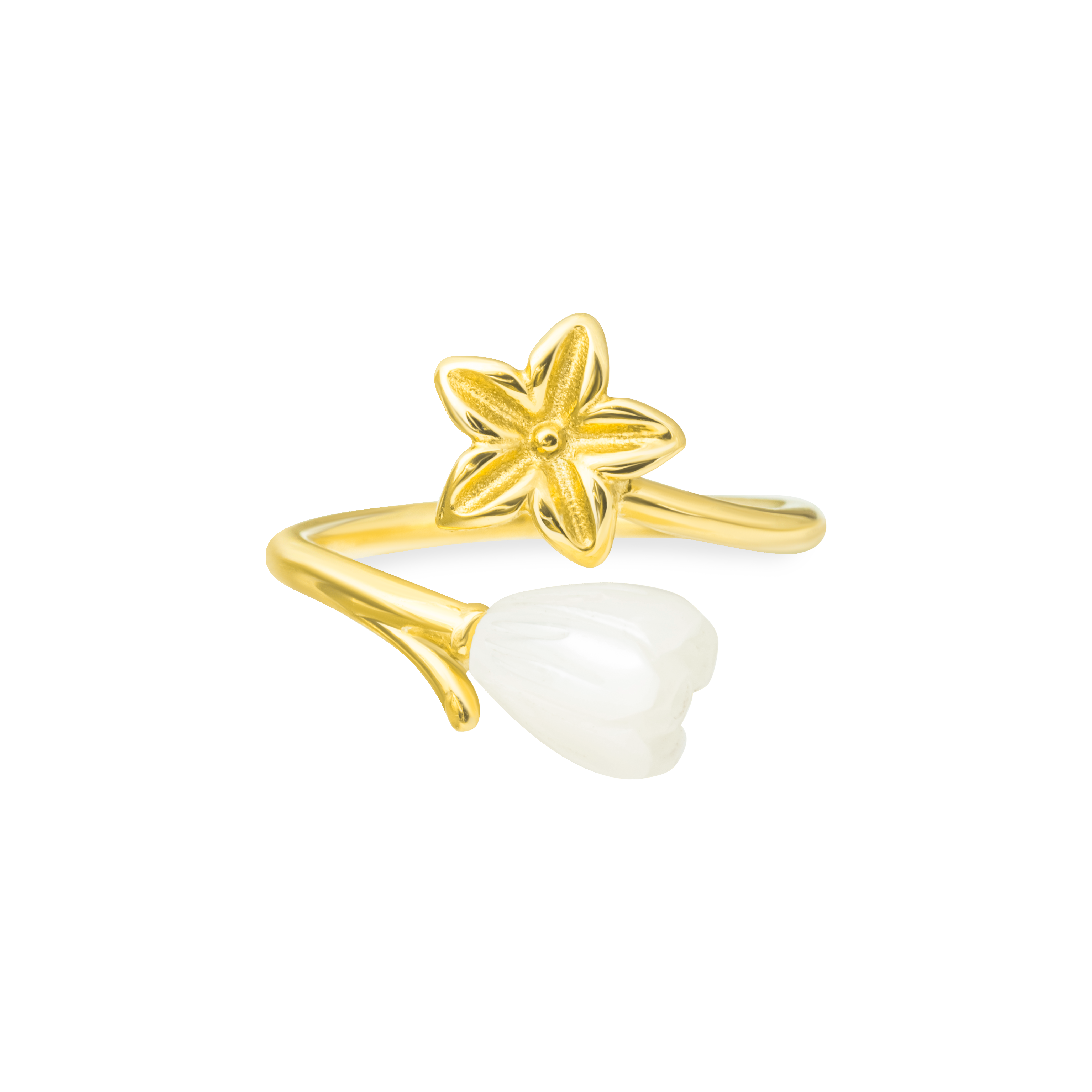 Pikake Bloom wrap ring with pikake flower and mother of pearl bud on a bypass band