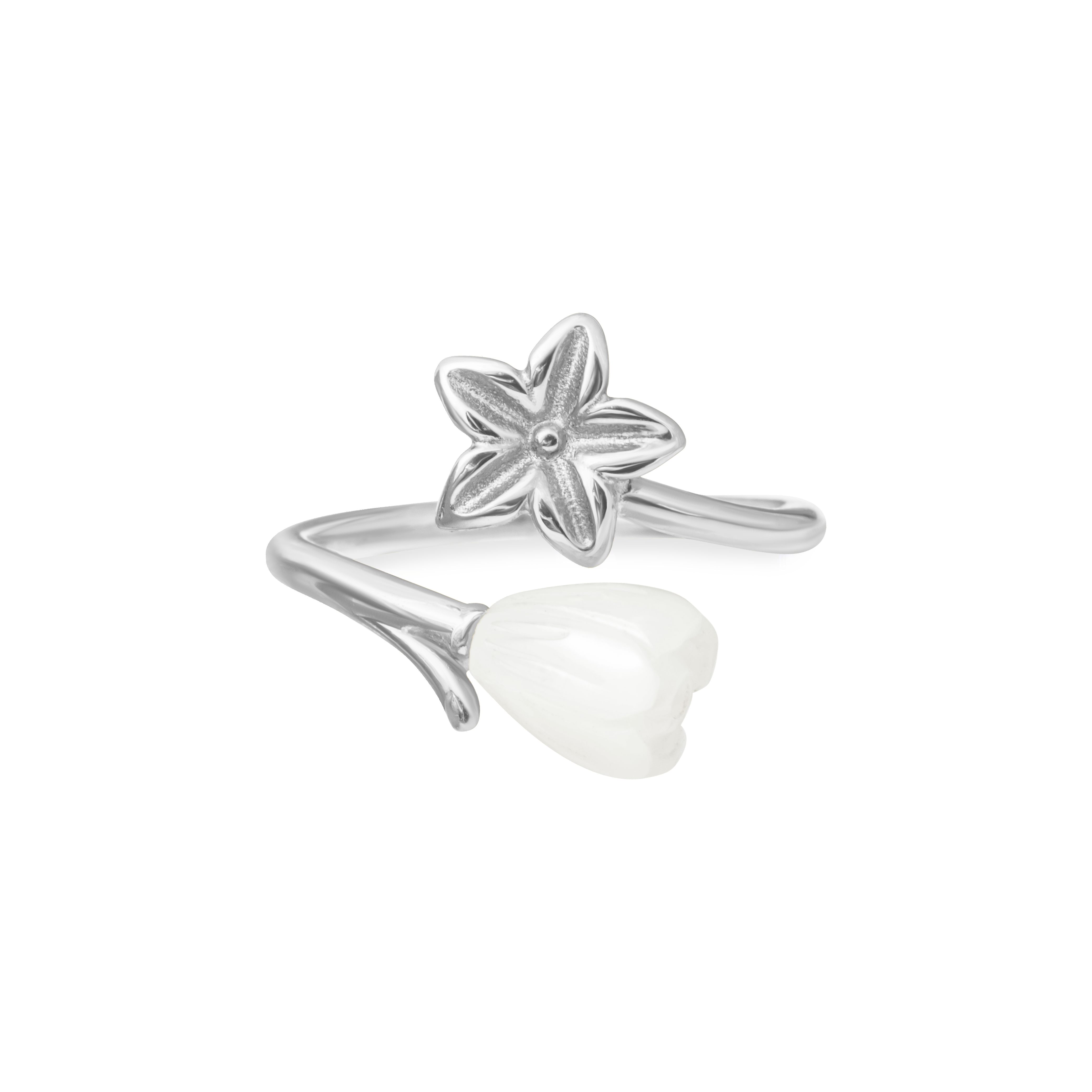 Pikake Bloom wrap ring with pikake flower and mother of pearl bud on a bypass band