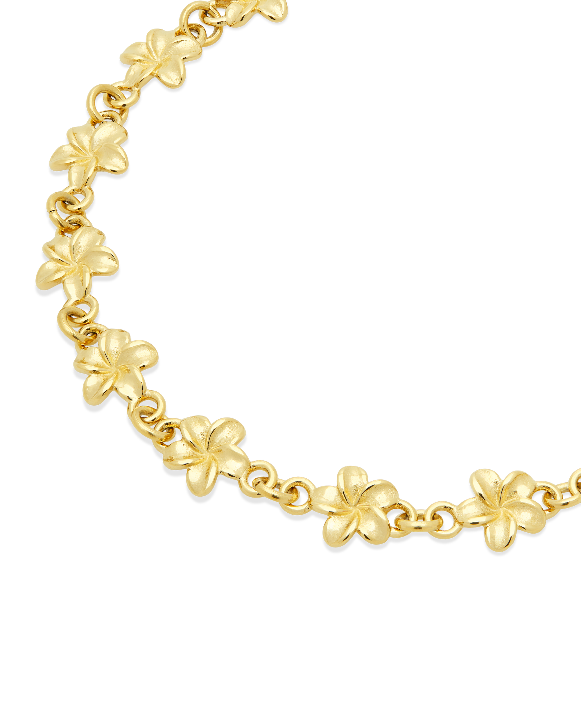 Plumeria Bloom Cluster Bracelet in 14k gold, close view of the linked blossoms