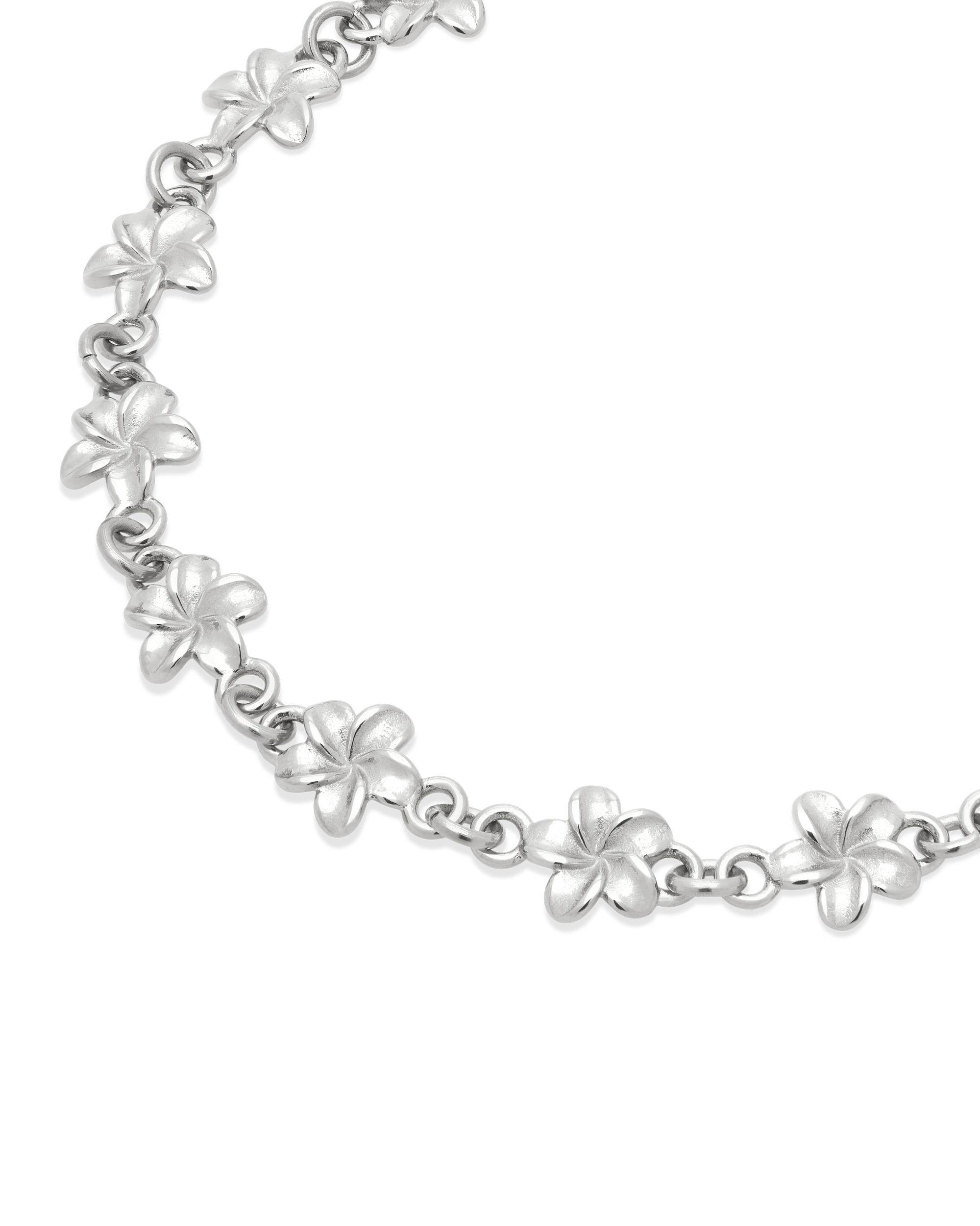 Plumeria Bloom Cluster Bracelet in silver, close view of the linked blossoms