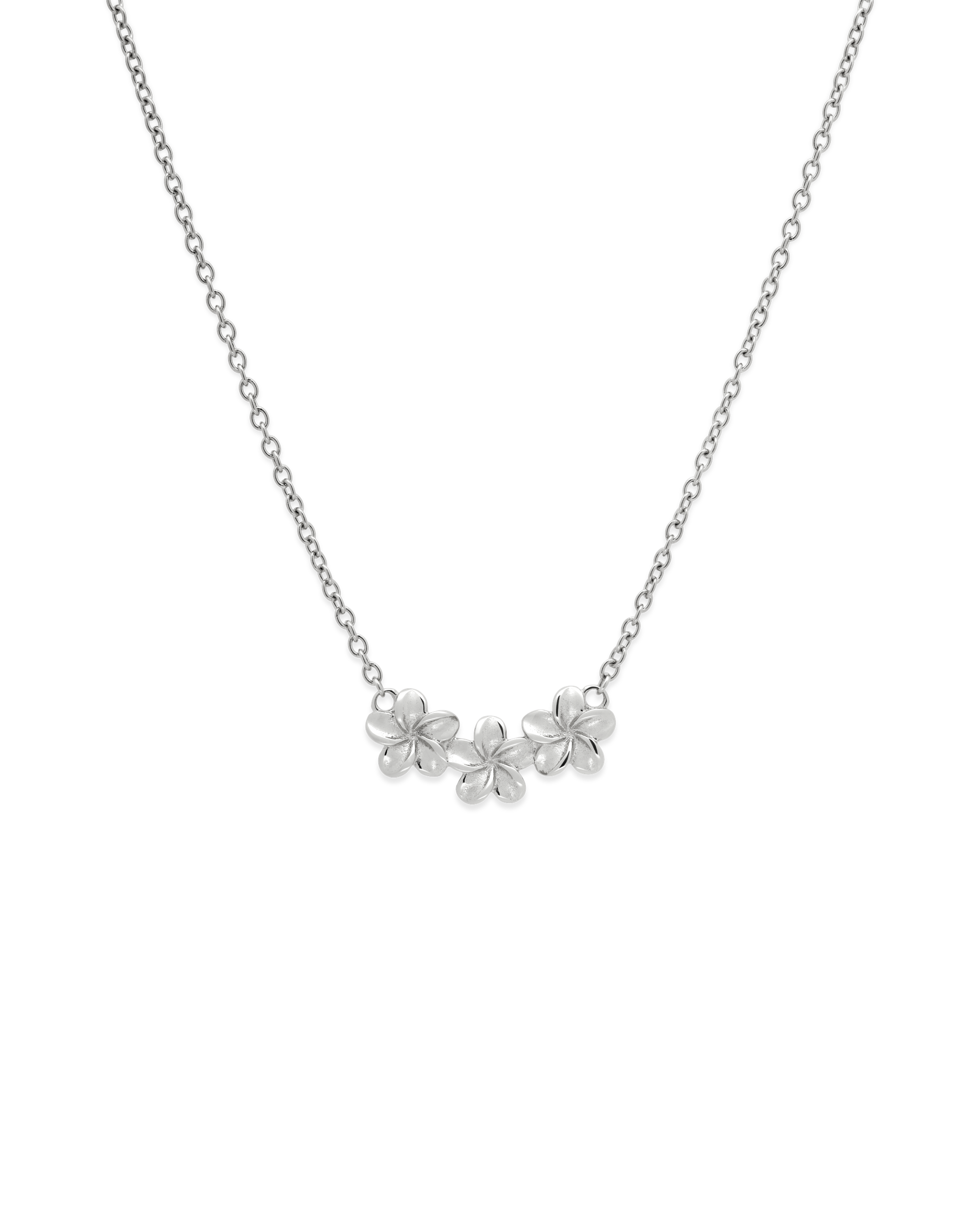 Plumeria Bloom Collar Necklace in silver, trio of plumeria blossoms on a short chain