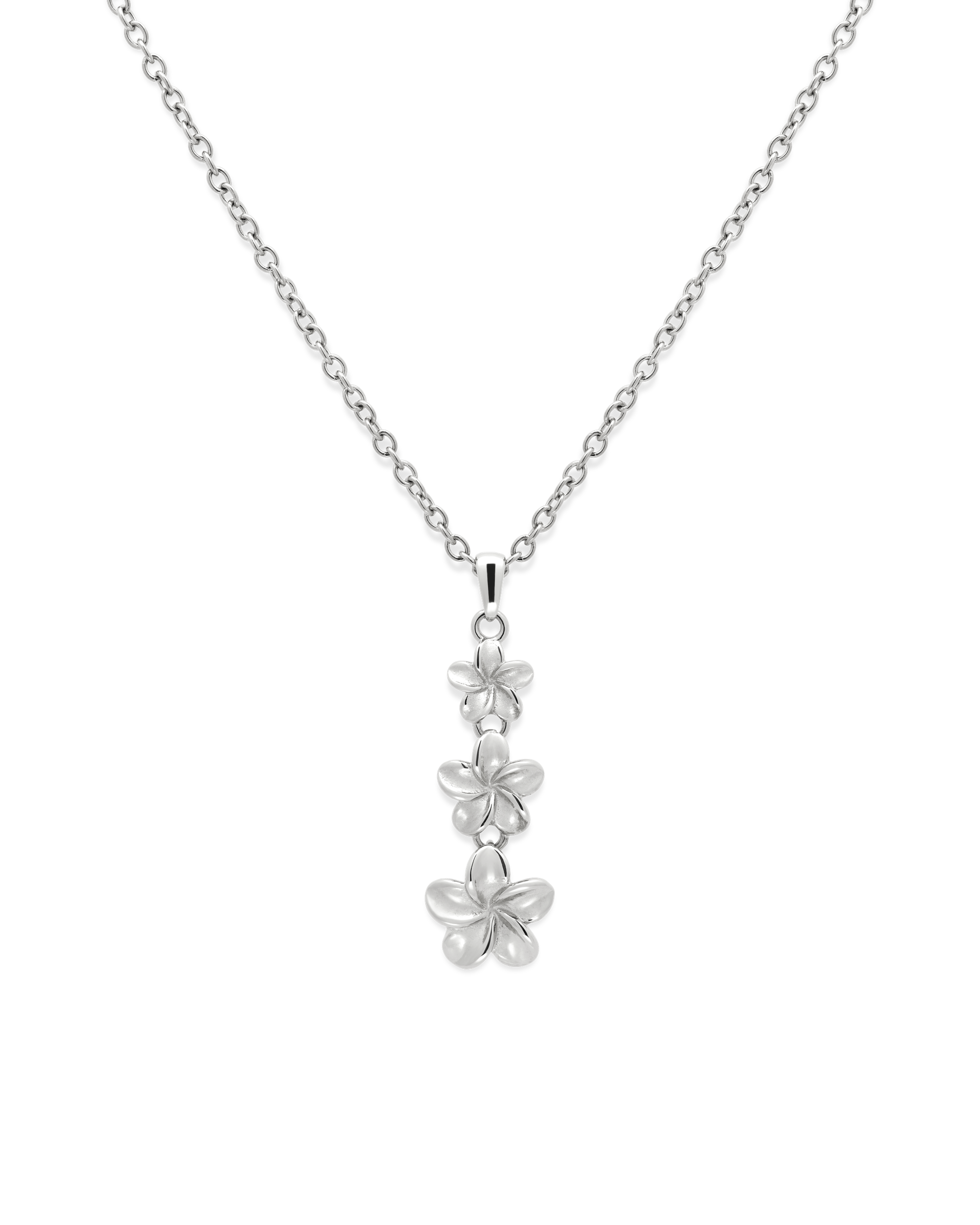 Plumeria Bloom Drop Necklace in silver, three graduated plumeria charms on a fine chain