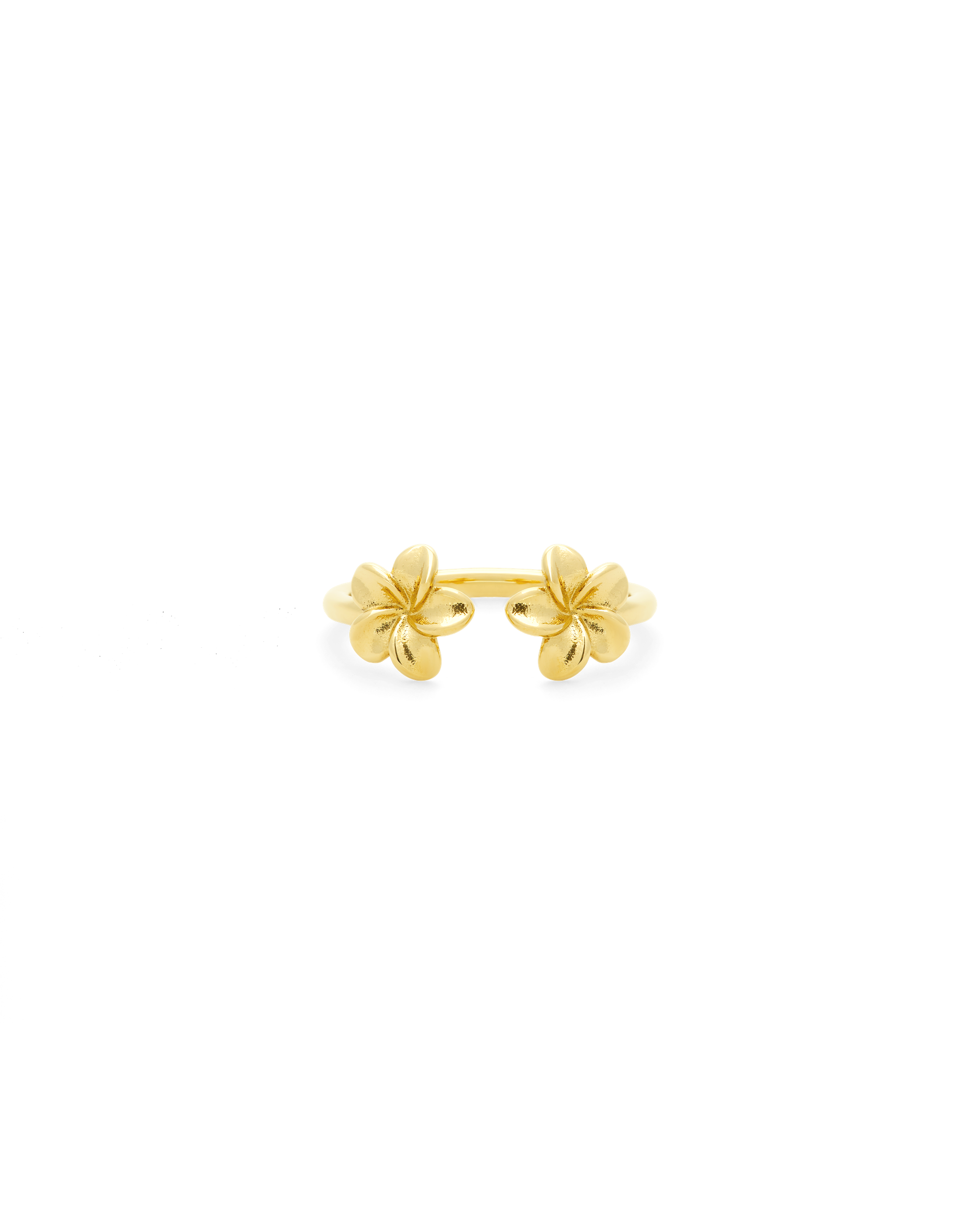 Plumeria Bloom Embrace Ring in 14k gold, open band with a plumeria blossom at each end