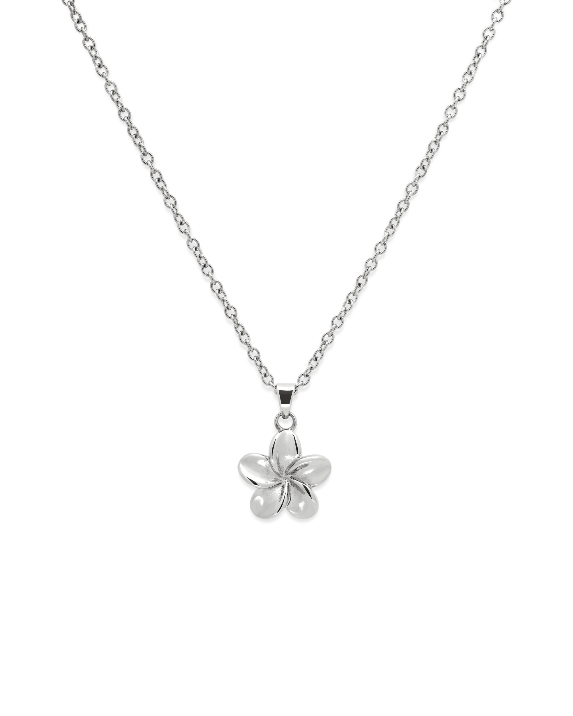 Plumeria Bloom Necklace in silver, single plumeria pendant with a crystal center