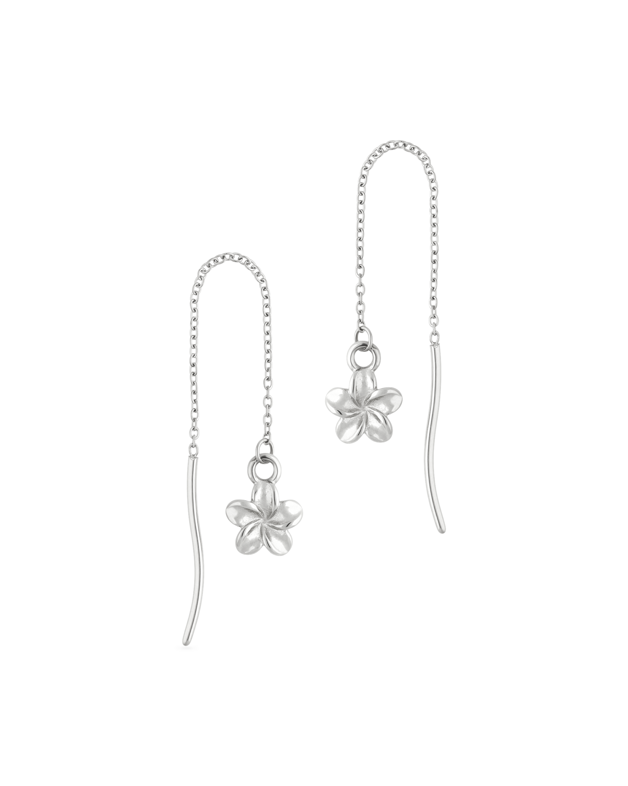 Plumeria Bloom Threader Earring in silver, pair of plumeria charms on threader chains