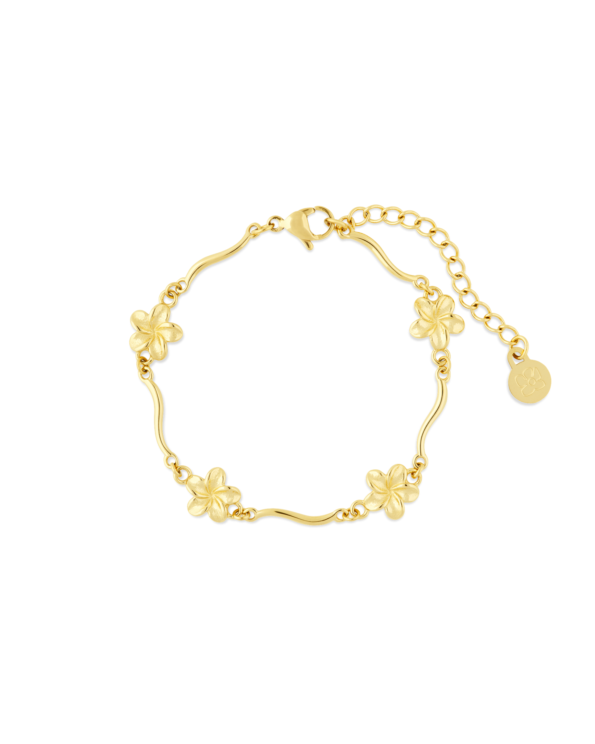 Plumeria Bloom Wave Bracelet in 14k gold, plumeria blooms joined by wave-shaped links