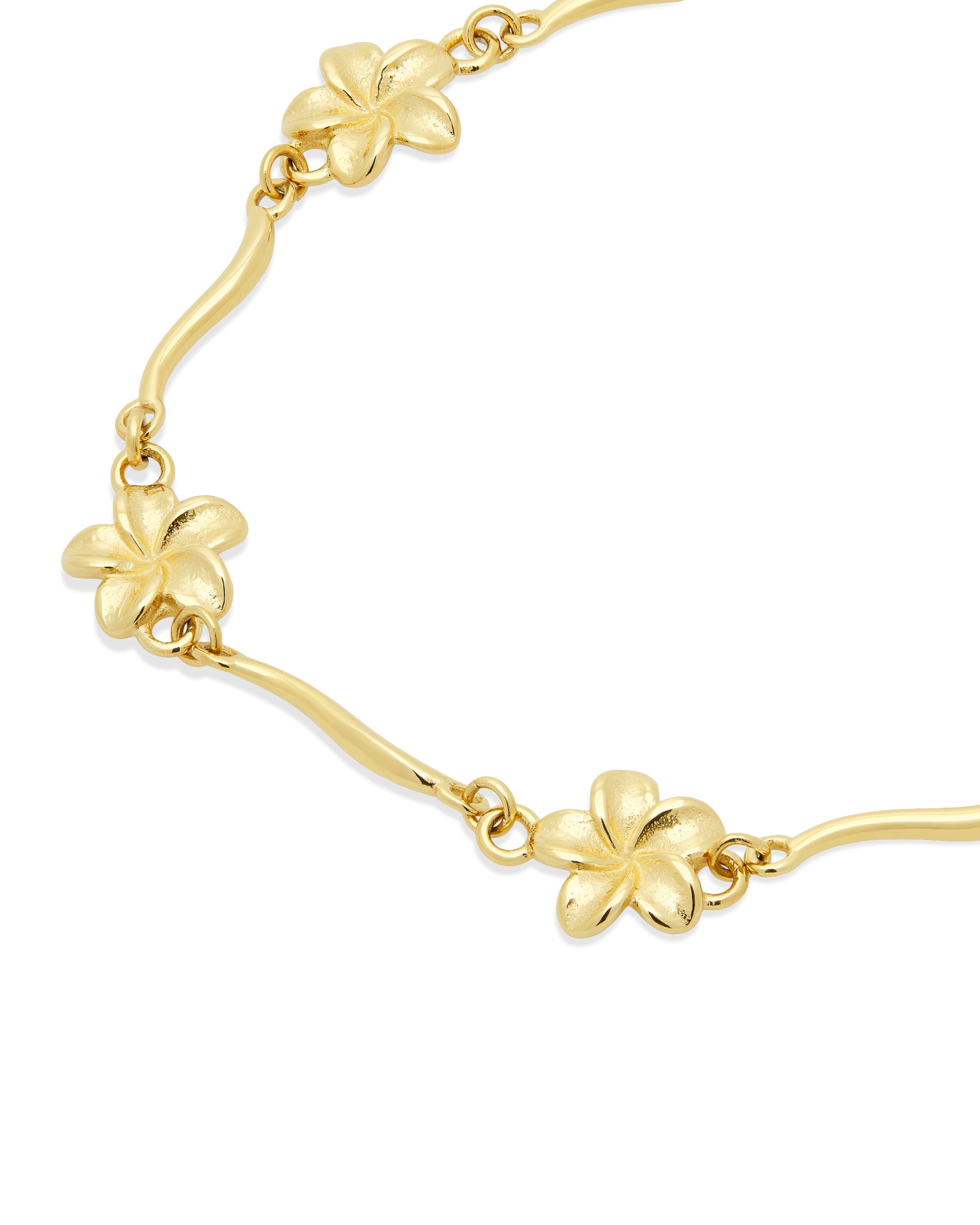 Plumeria Bloom Wave Bracelet in 14k gold, close view of the blooms and wave links