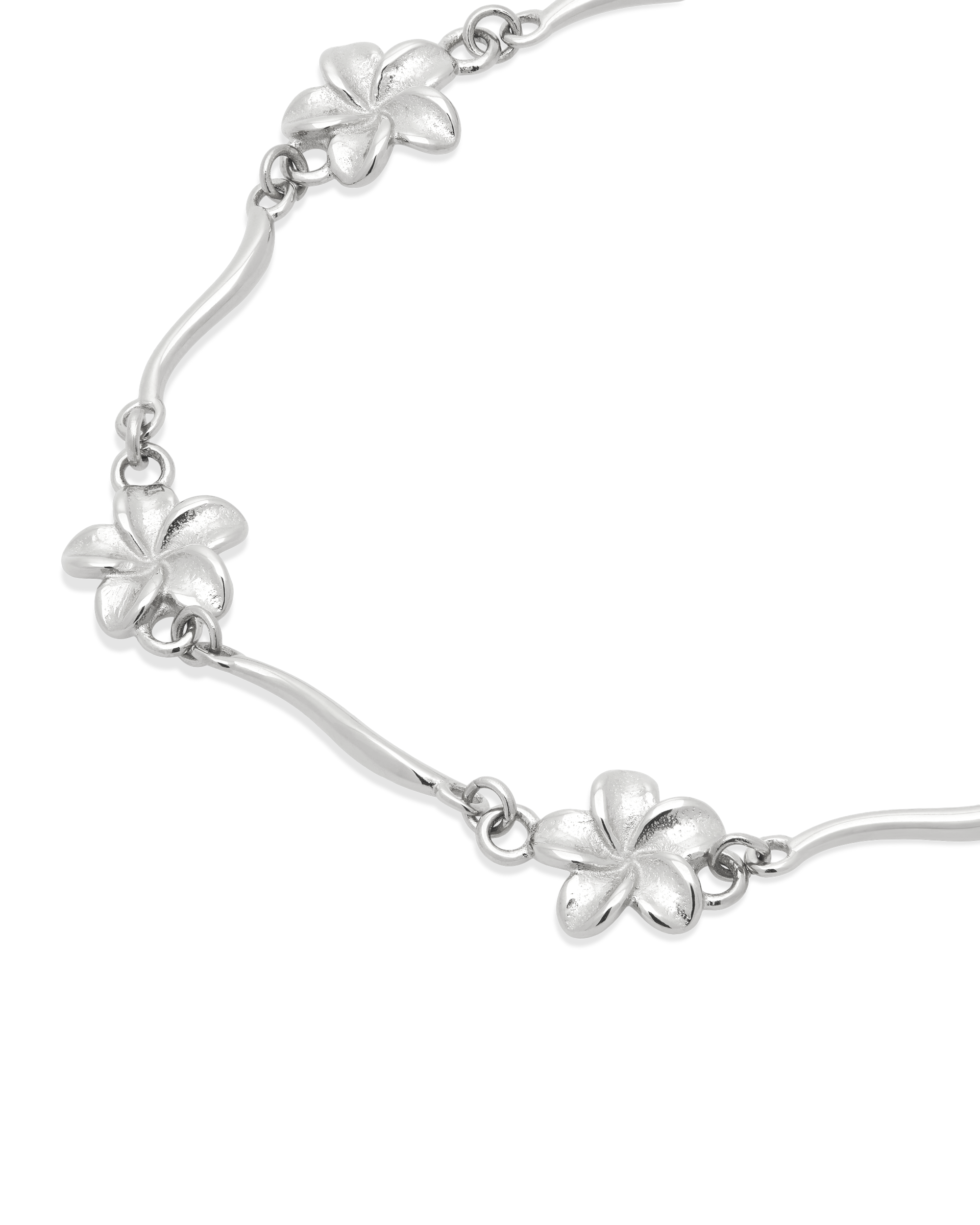 Plumeria Bloom Wave Bracelet in silver, close view of the blooms and wave links