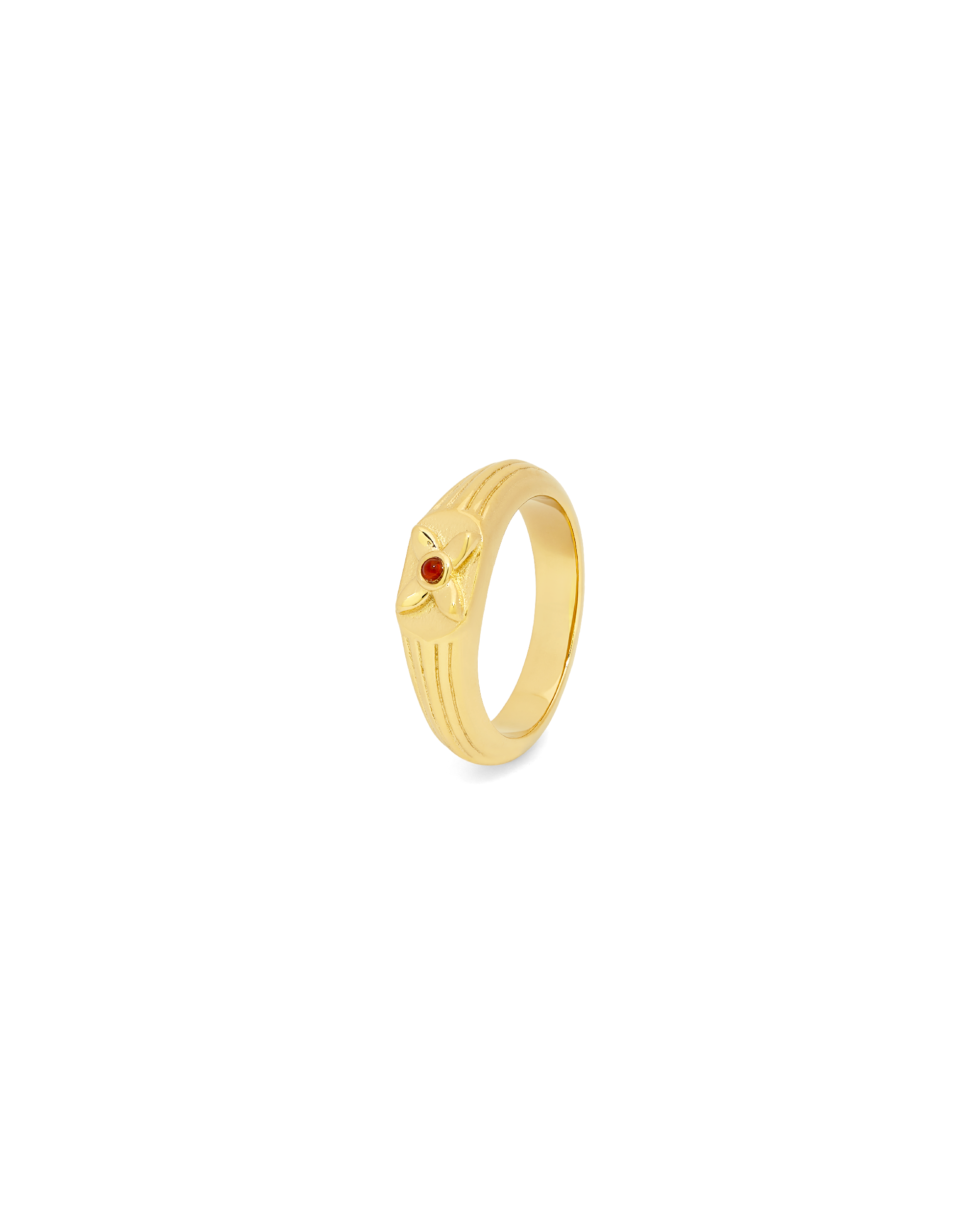 Scarlet Seal Ring in 14k gold, angled view of the signet and red carnelian