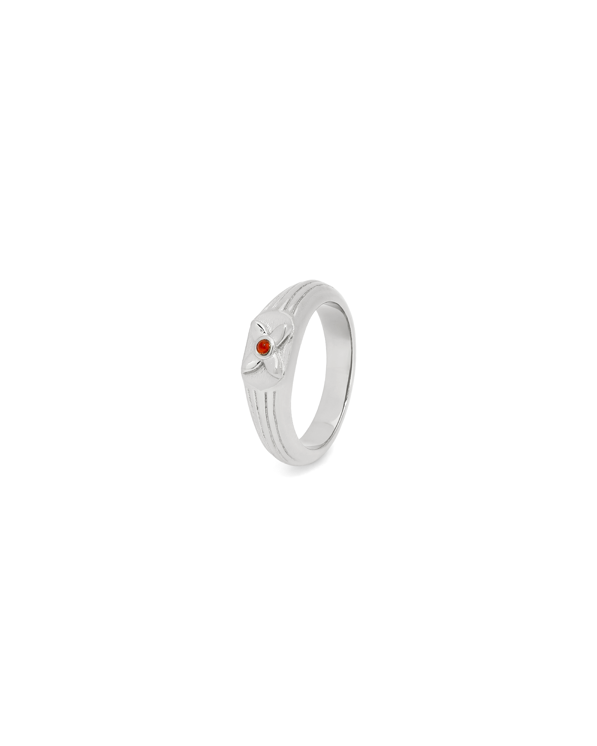 Scarlet Seal Ring in silver, angled view of the signet and red carnelian