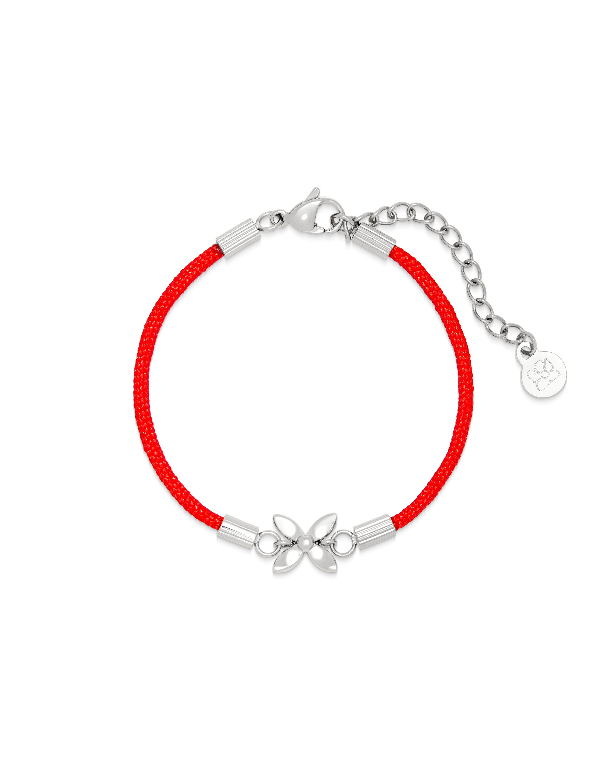 Scarlet String Bracelet in silver, braided red cord with a silver bloom
