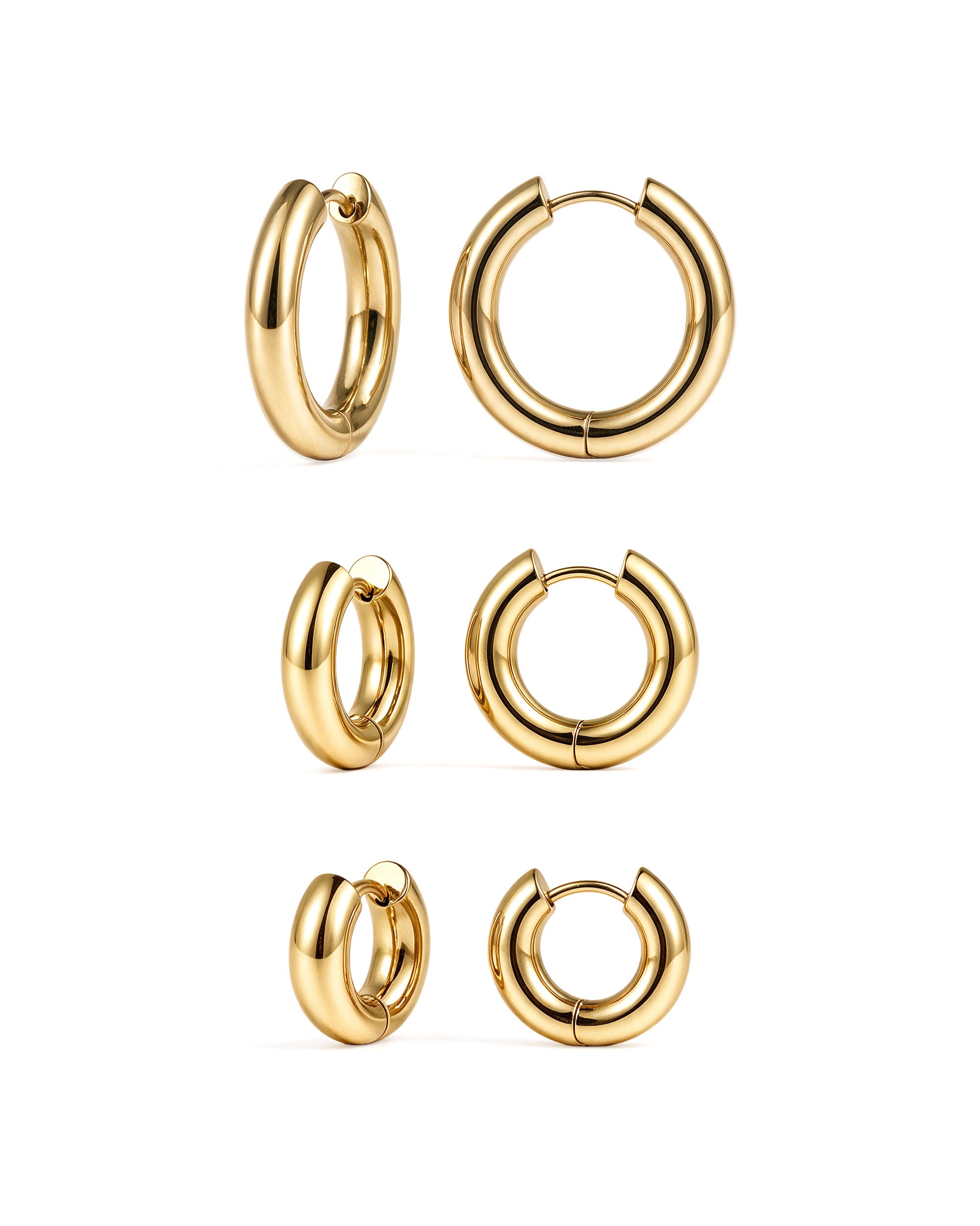 Triple Chunky Endless Hoops in gold, three pairs front and side