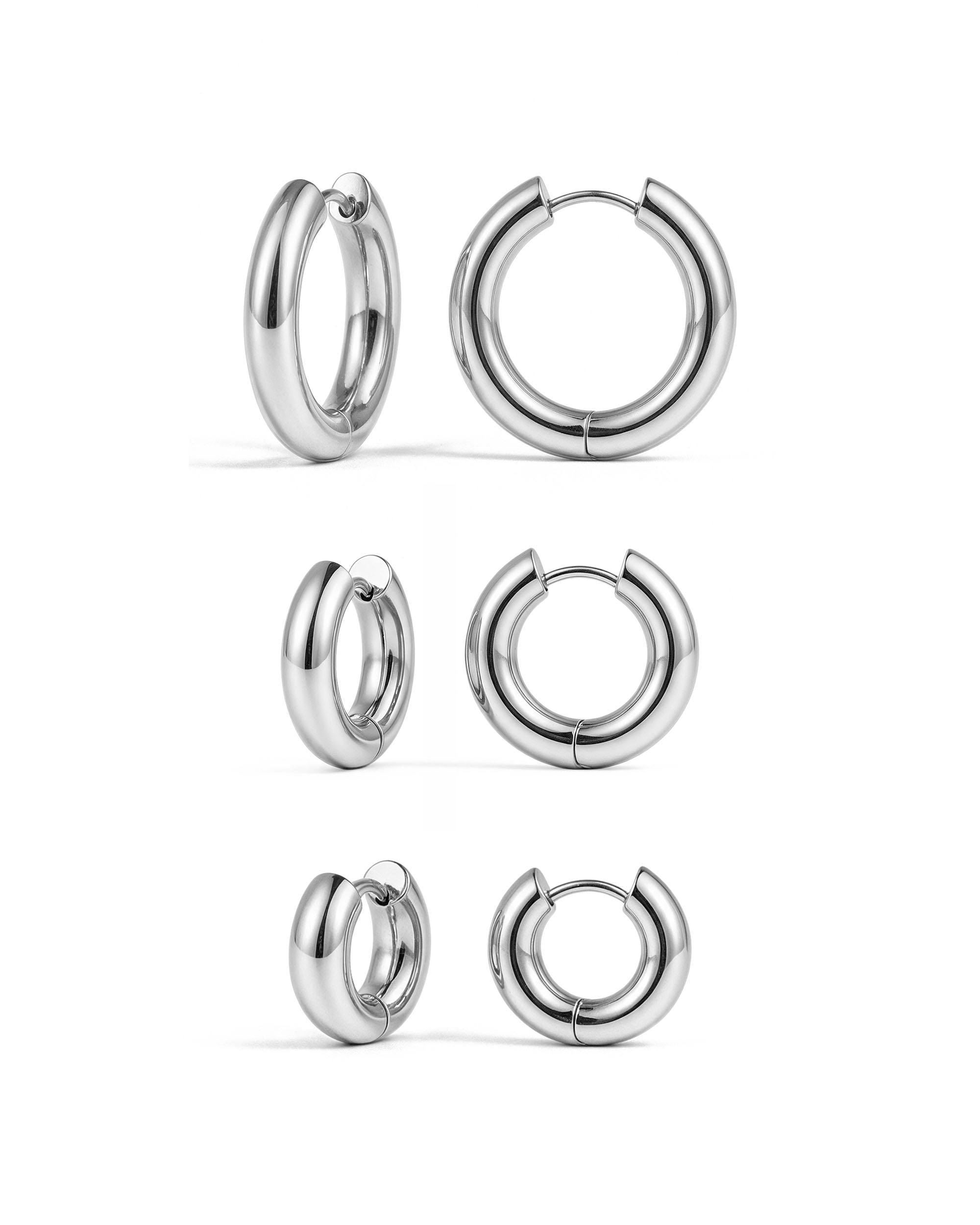 Triple Chunky Endless Hoops in silver, three pairs front and side