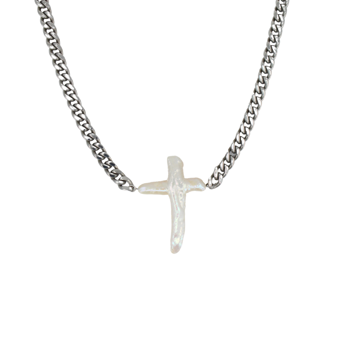 Chunky Pearl Cross Cuban Necklace