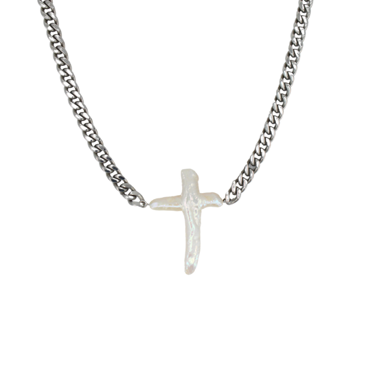 Chunky Pearl Cross Cuban Necklace