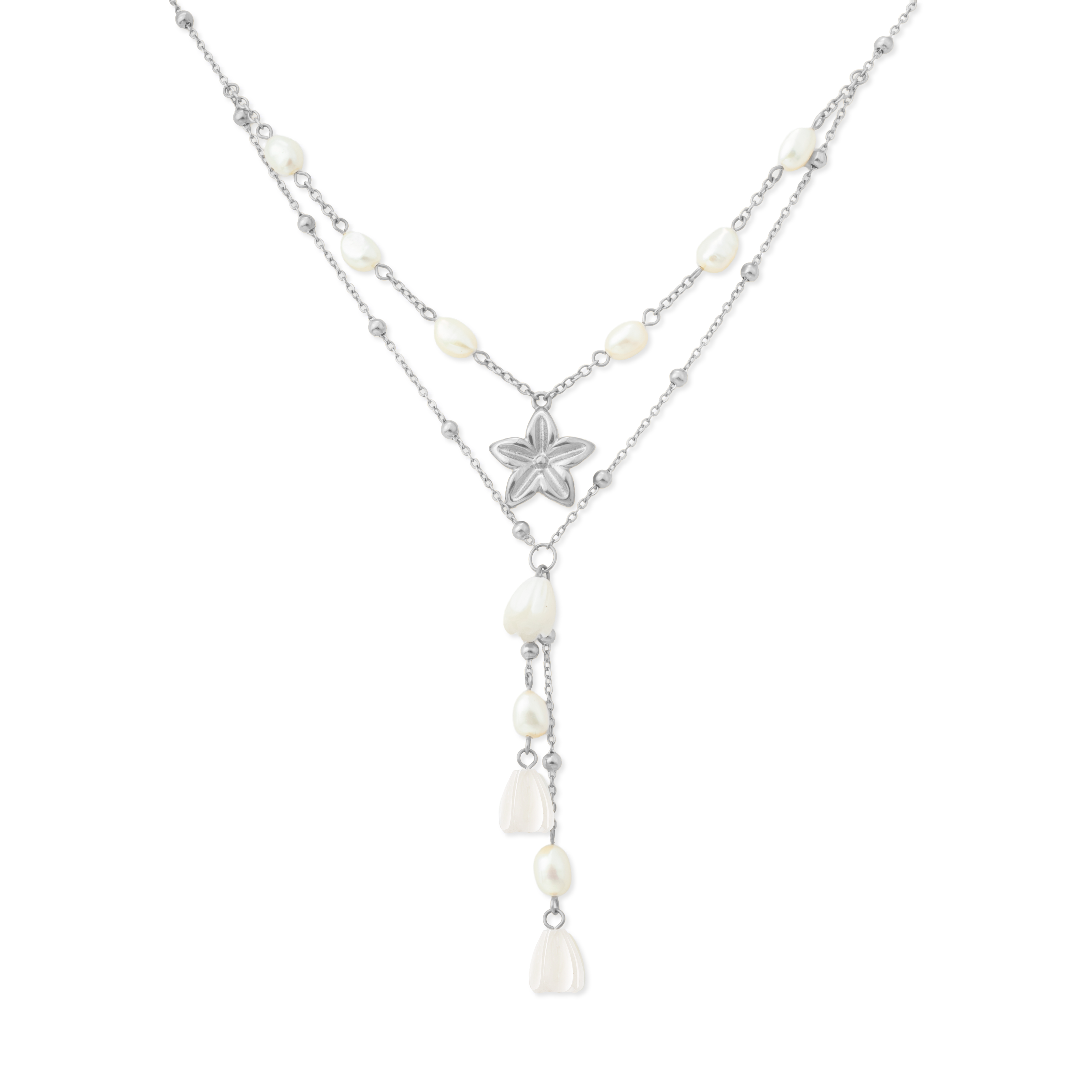 Pikake Bloom layered necklace with sculpted pikake flower pendant, freshwater pearls and mother of pearl buds