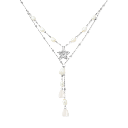 Pikake Bloom layered necklace with sculpted pikake flower pendant, freshwater pearls and mother of pearl buds