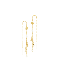 
Flower Shower Threader Earrings in 14k gold - a plumeria flower on a pull-through chain