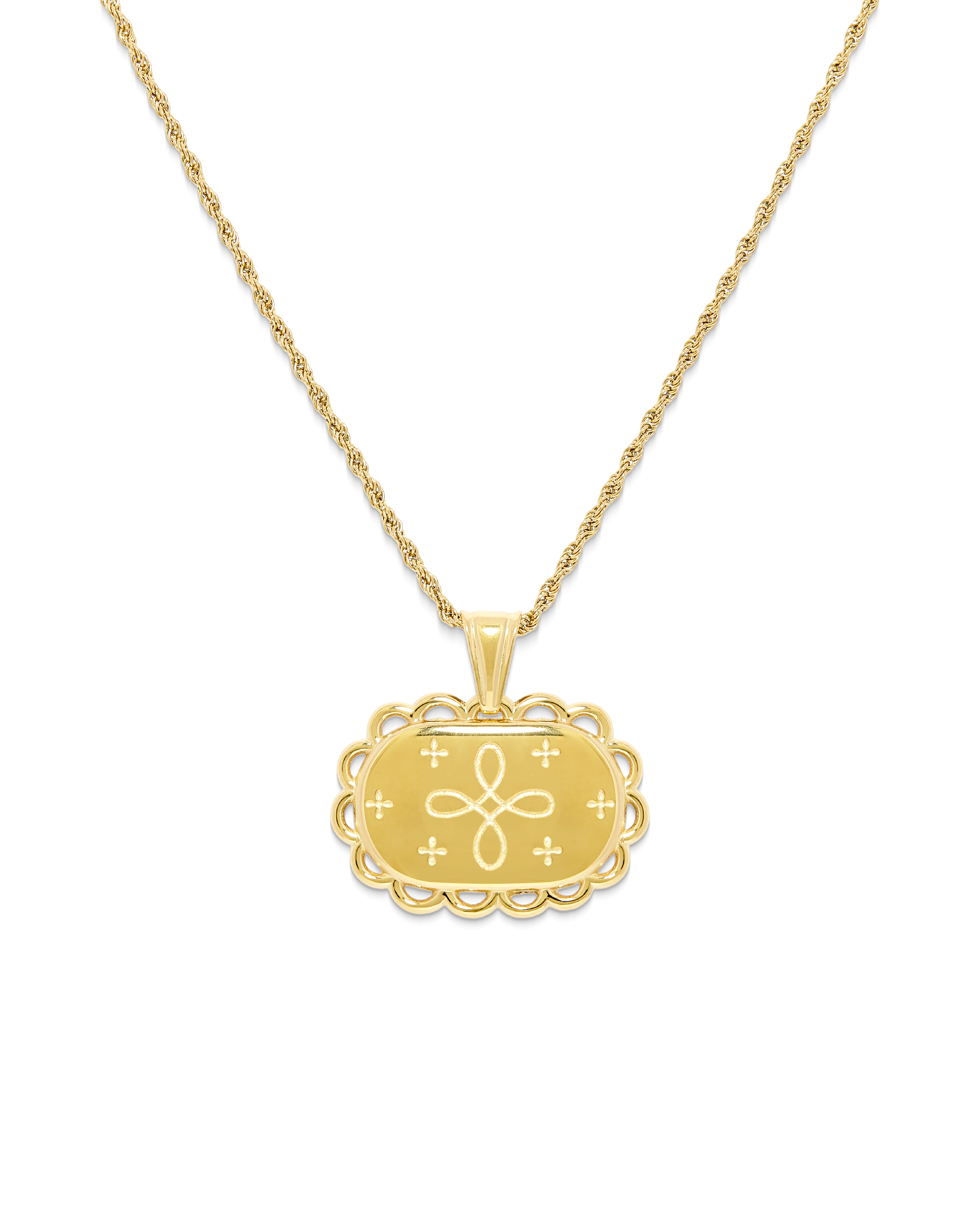
Happiness Amulet Necklace in 14k gold, lucky knot on a scalloped medallion