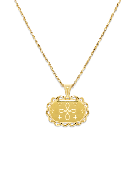 
Happiness Amulet Necklace in 14k gold, lucky knot on a scalloped medallion