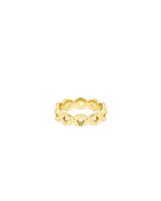 
Lantern Petals Band Ring in 14k gold, linked petal blooms circling the band