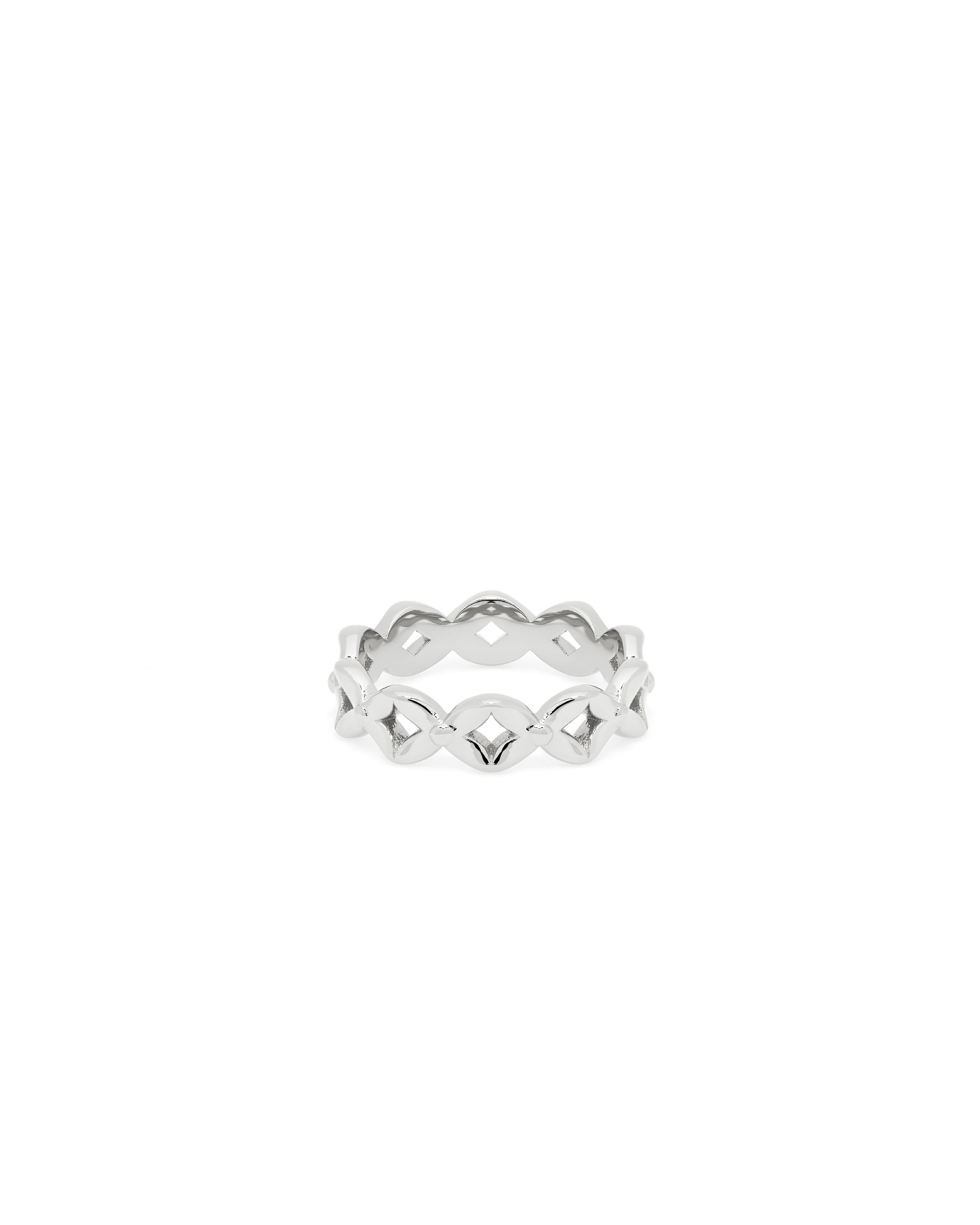 
Lantern Petals Band Ring in silver, linked petal blooms circling the band