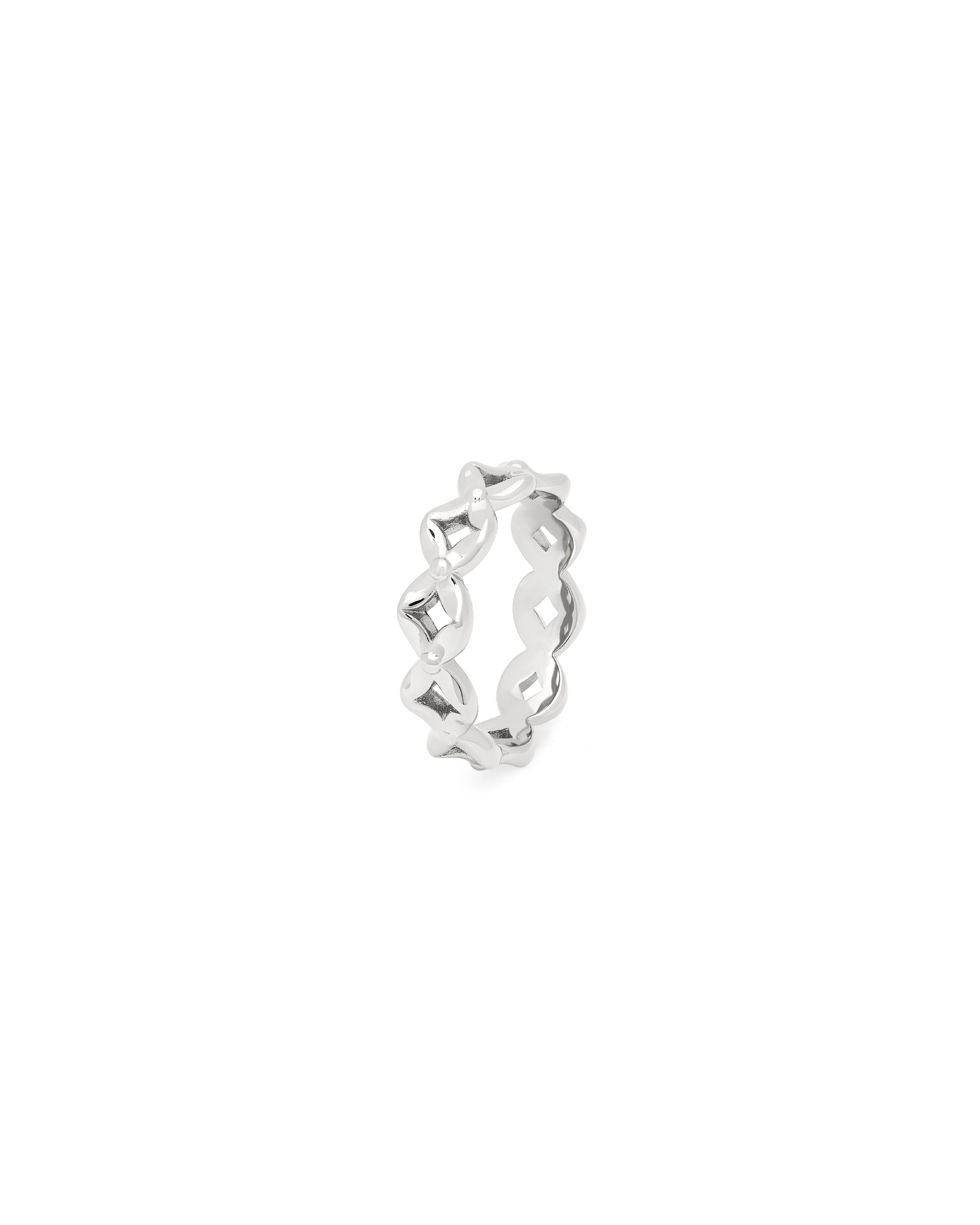 
Lantern Petals Band Ring in silver, angled view of the linked petal band