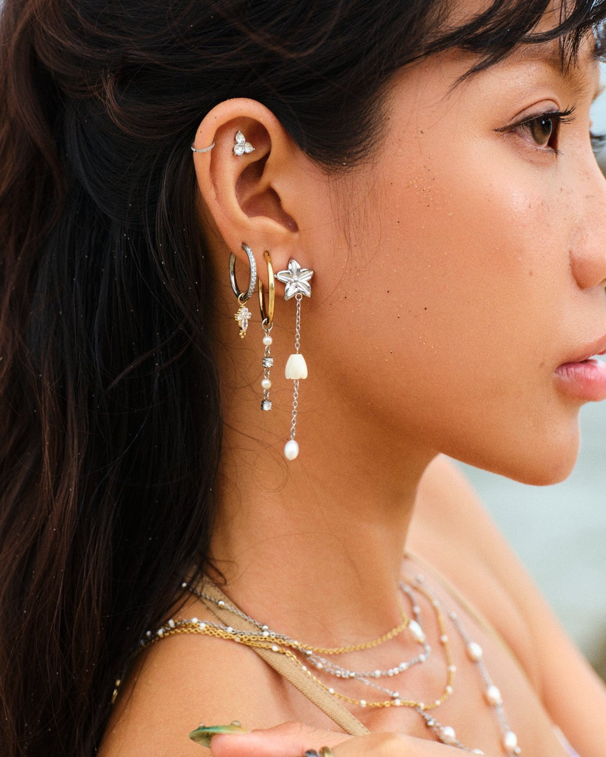Charm hoops ear stack with Pikake Bloom freshwater pearl earring