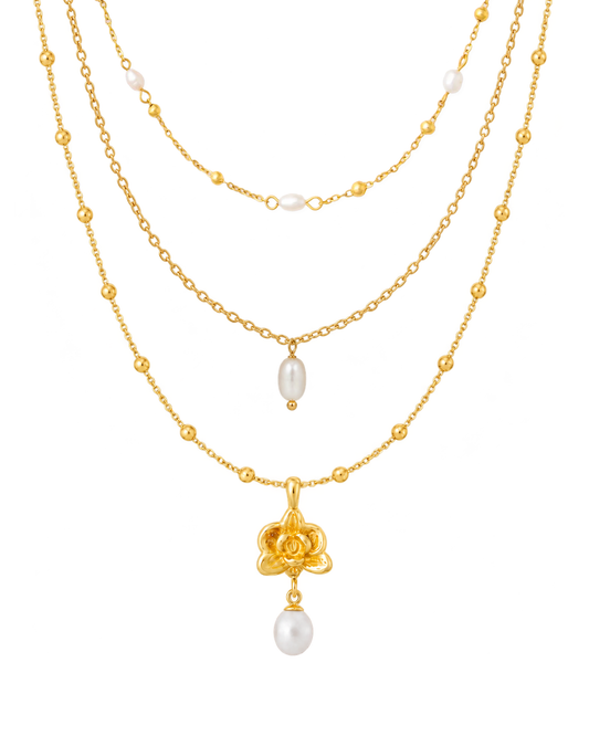 
Orchid Pearl Trio Necklace Set in gold