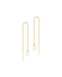 
Organic Pearl Threader Earrings in 14k gold - a single freshwater pearl on a pull-through chain