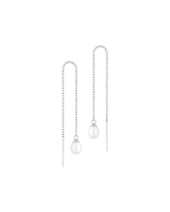 
Organic Pearl Threader Earrings in silver - a single freshwater pearl on a pull-through chain