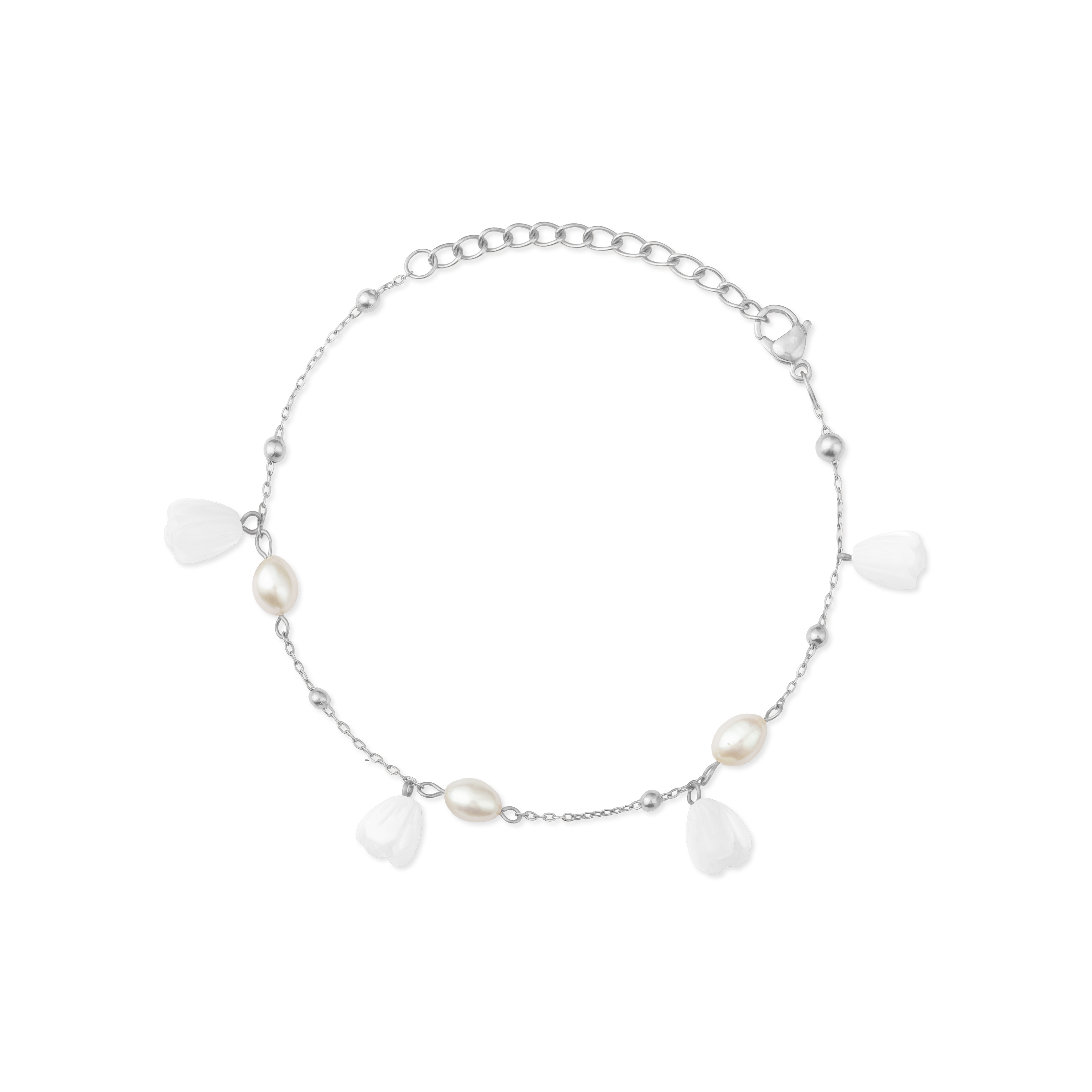 Pikake Bloom freshwater pearl bracelet with alternating pearls and mother of pearl buds on a delicate chain