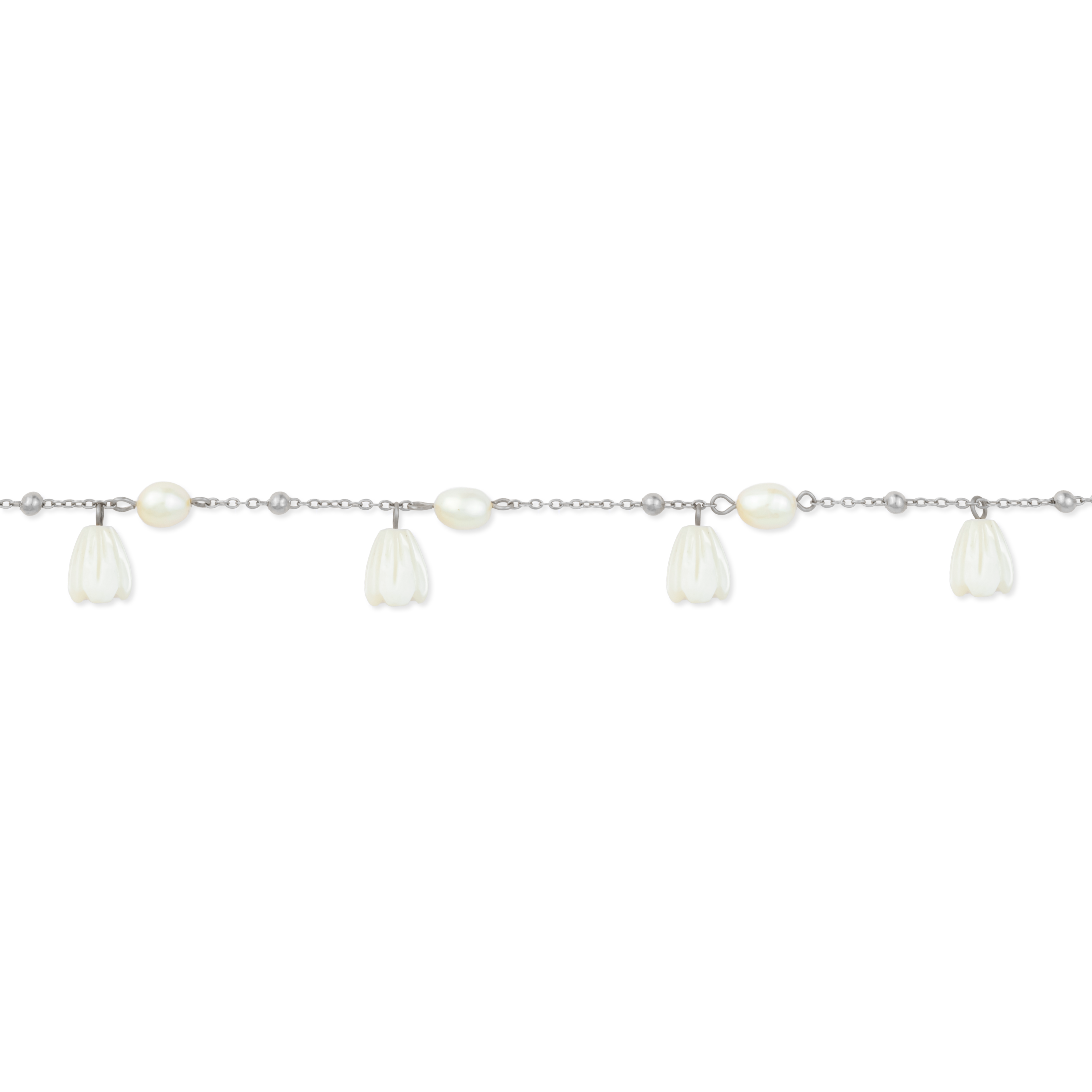 Pikake Bloom freshwater pearl bracelet with alternating pearls and mother of pearl buds on a delicate chain